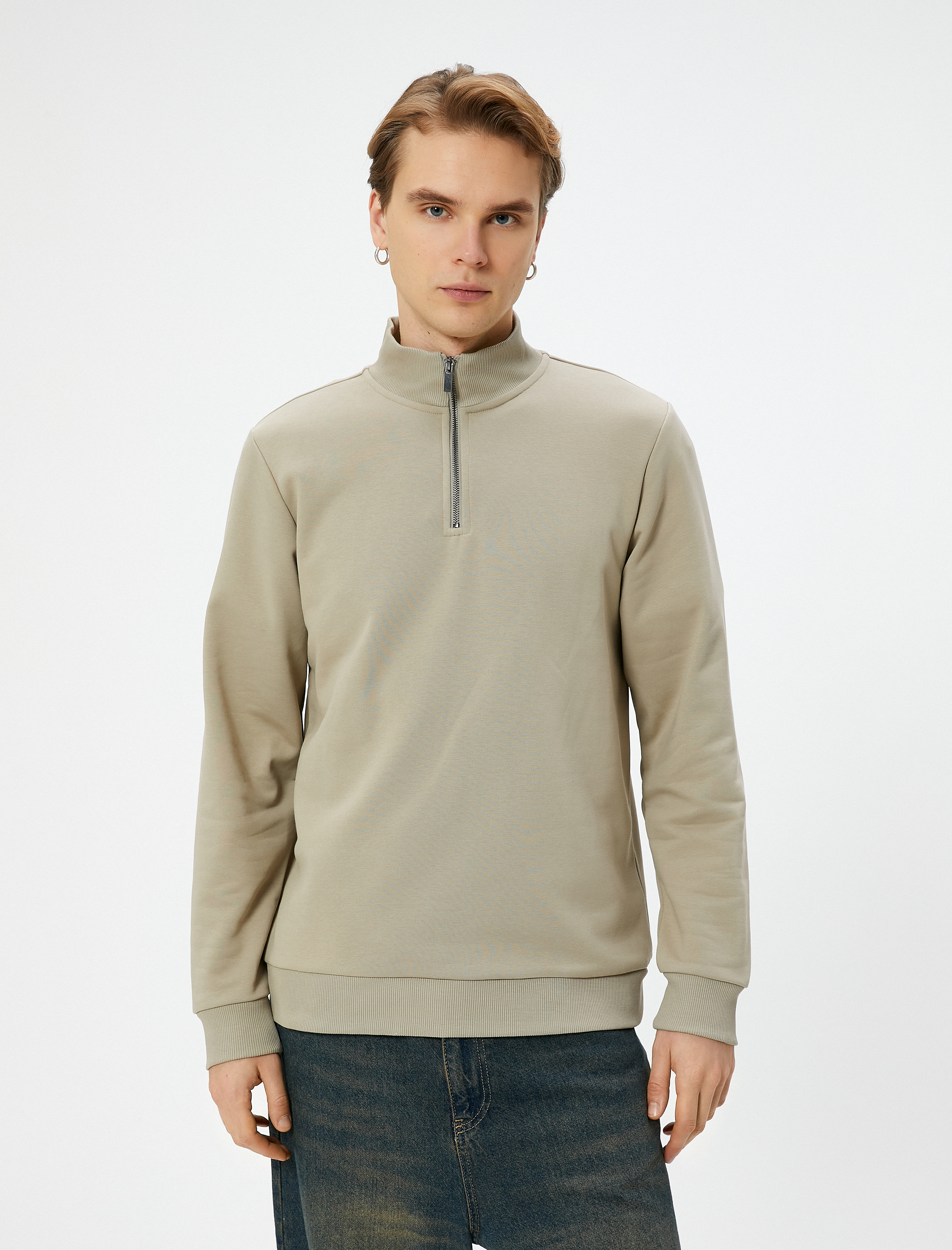   Yarım Fermuarlı Sweatshirt Şardonlu Uzun Kollu