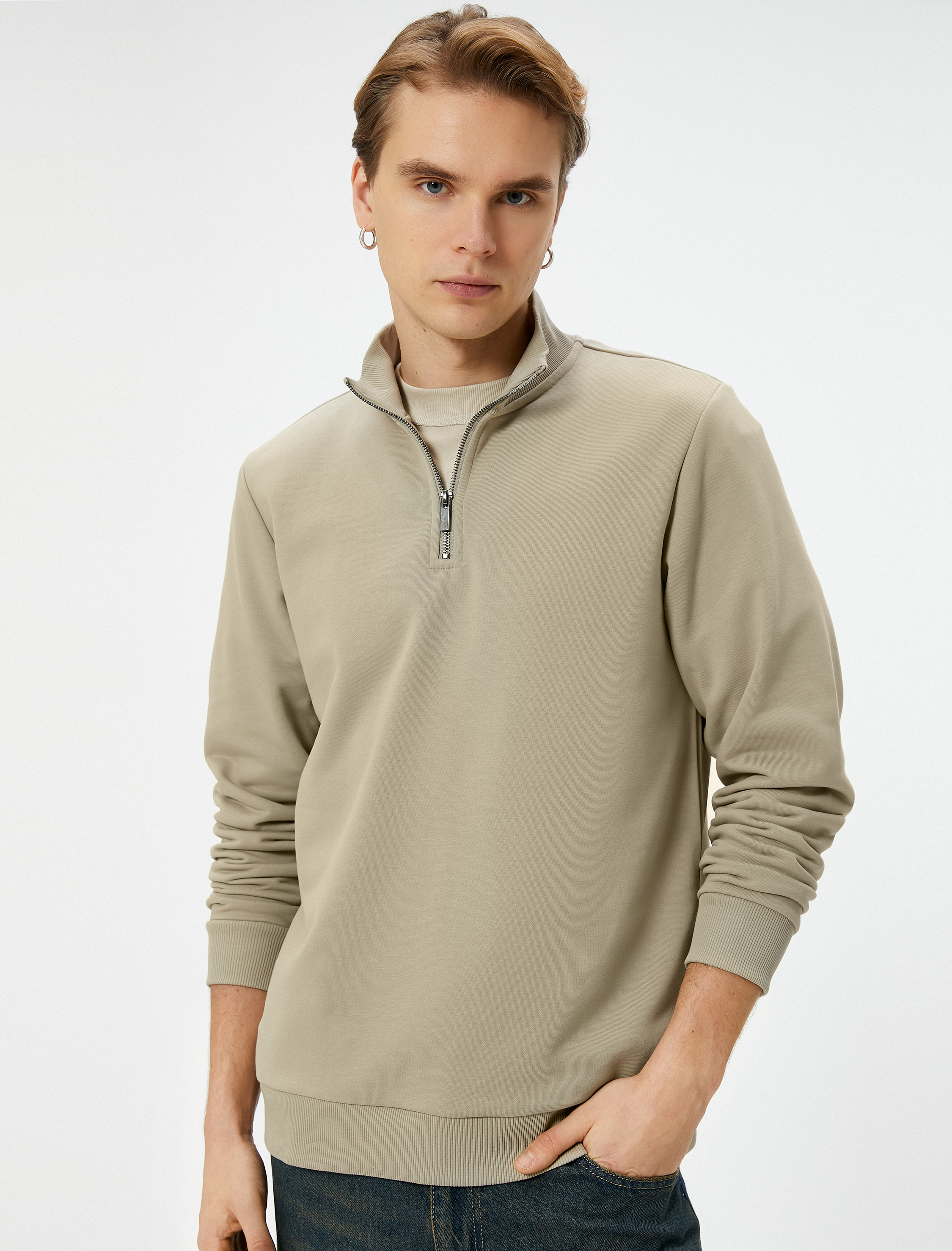   Yarım Fermuarlı Sweatshirt Şardonlu Uzun Kollu