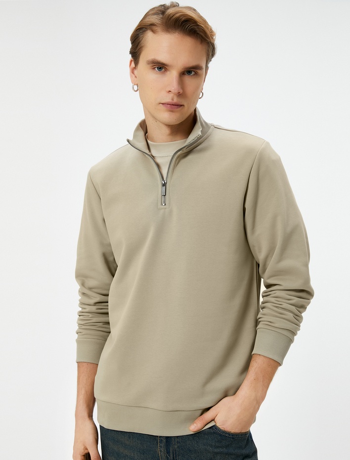  Yarım Fermuarlı Sweatshirt Şardonlu Uzun Kollu
