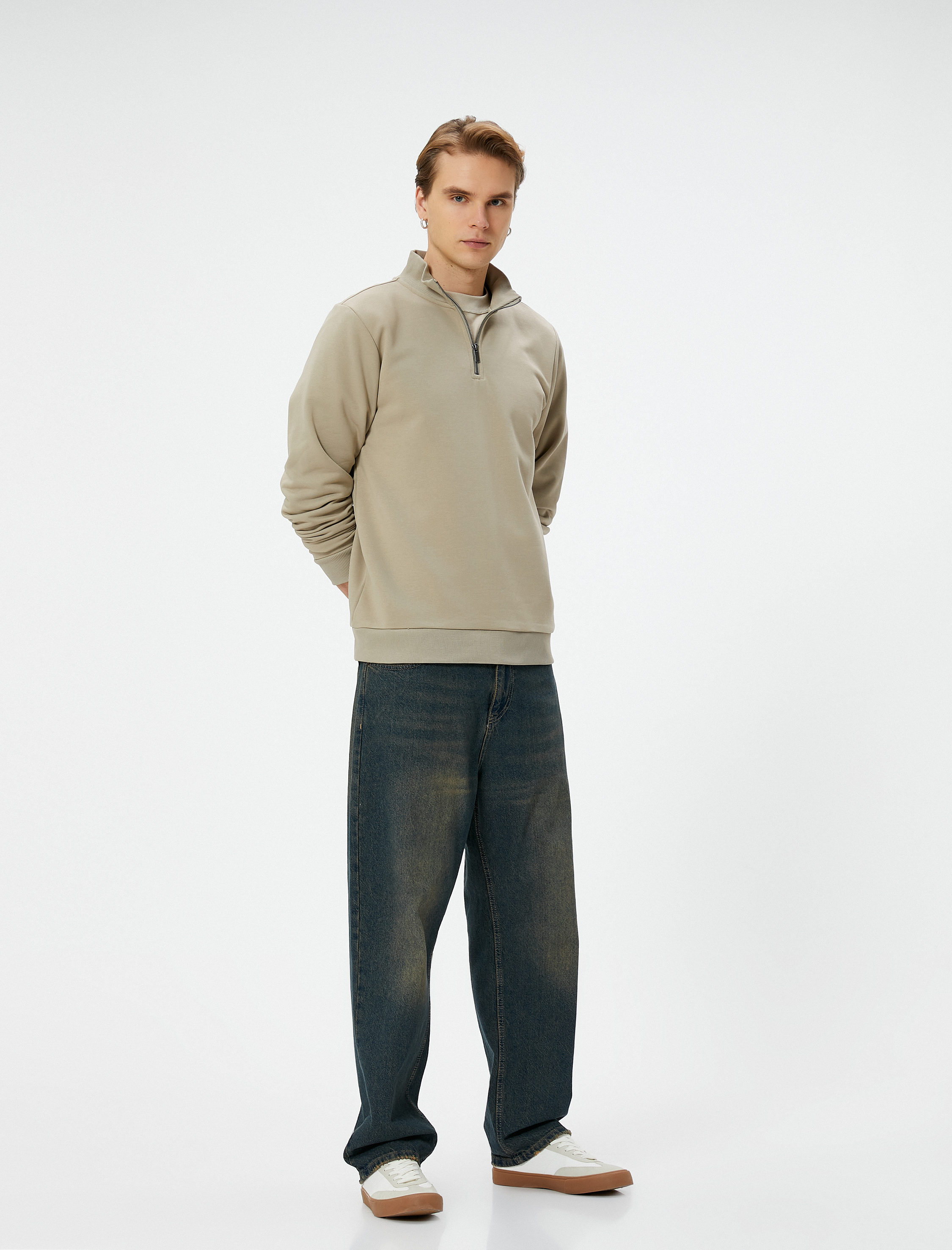   Yarım Fermuarlı Sweatshirt Şardonlu Uzun Kollu