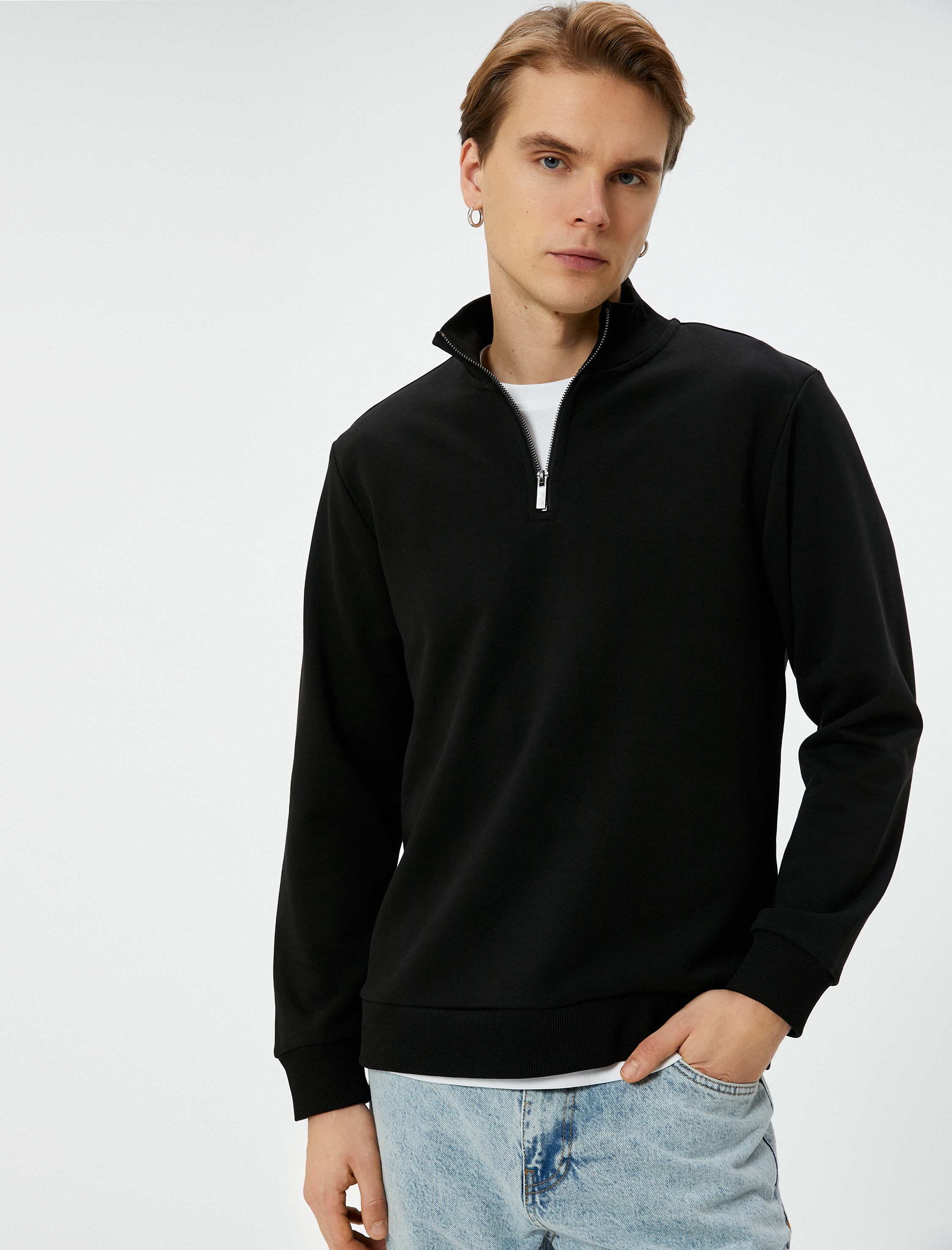   Yarım Fermuarlı Sweatshirt Şardonlu Uzun Kollu