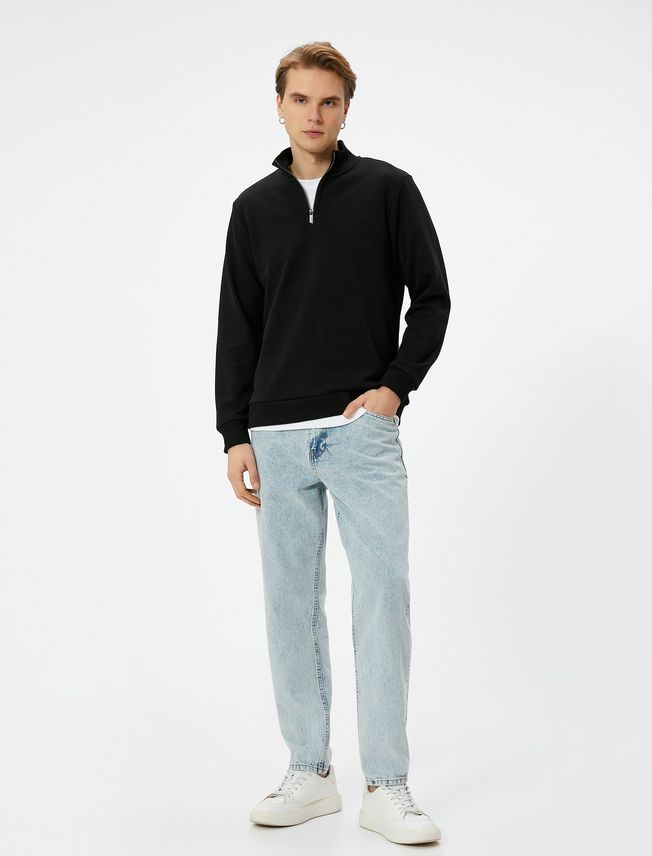   Yarım Fermuarlı Sweatshirt Şardonlu Uzun Kollu