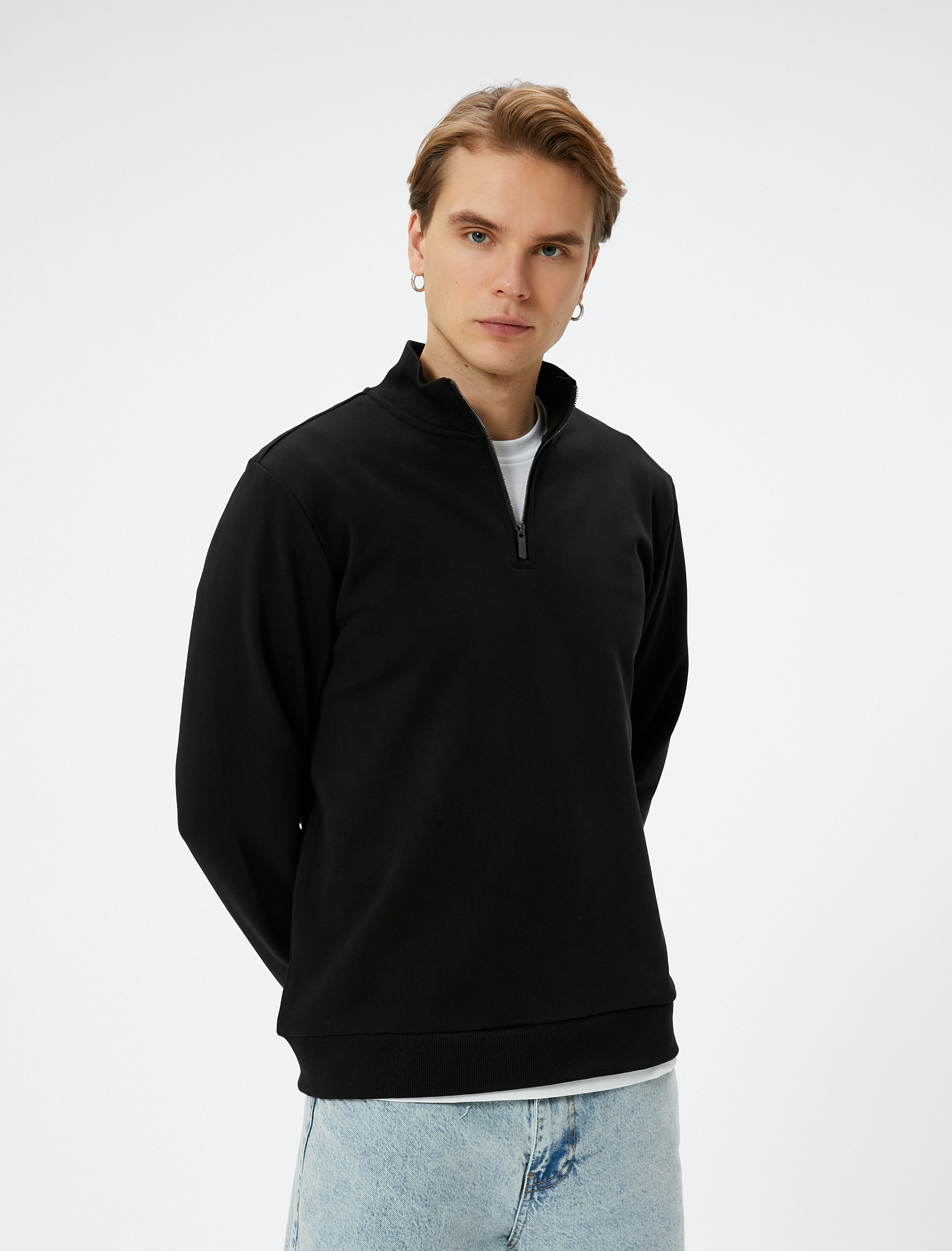   Yarım Fermuarlı Sweatshirt Şardonlu Uzun Kollu