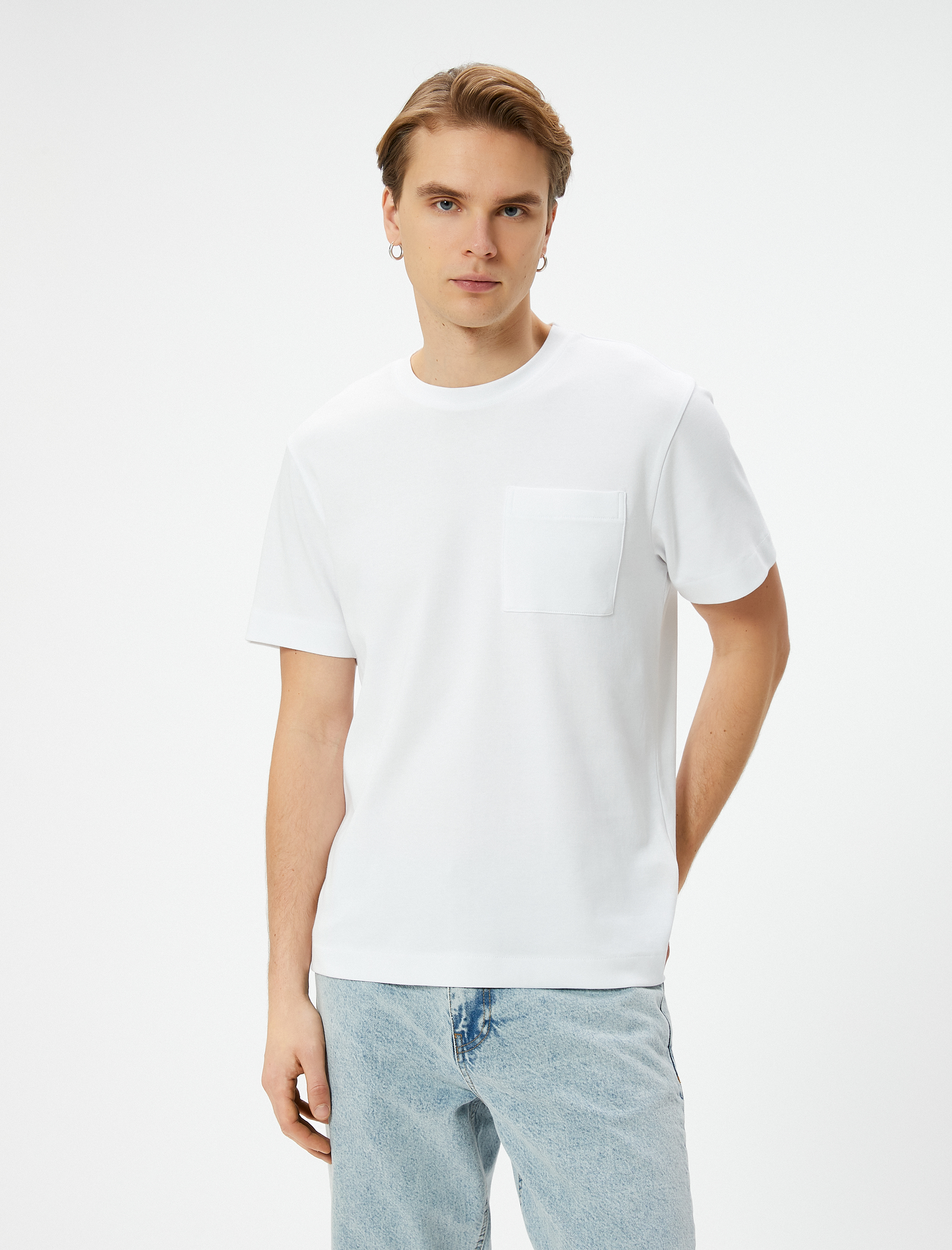   Basic Tişört Cep Detaylı Kısa Kollu Bisiklet Yaka