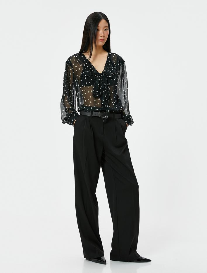  Puantiyeli Bluz Tül Fırfırlı Fular Yaka Uzun Kollu