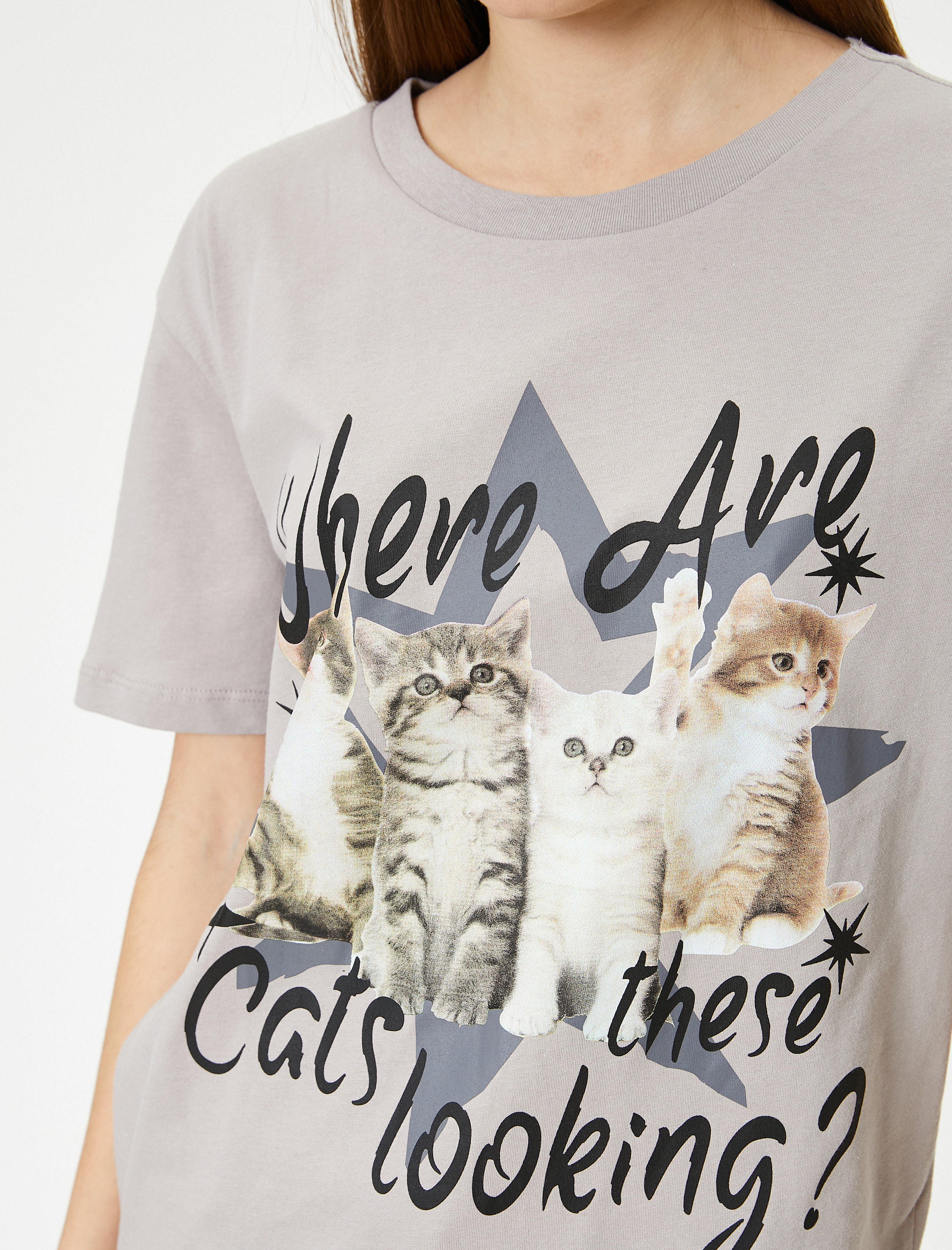   Kedi Baskılı Tişört Rahat Kalıp Pamuklu
