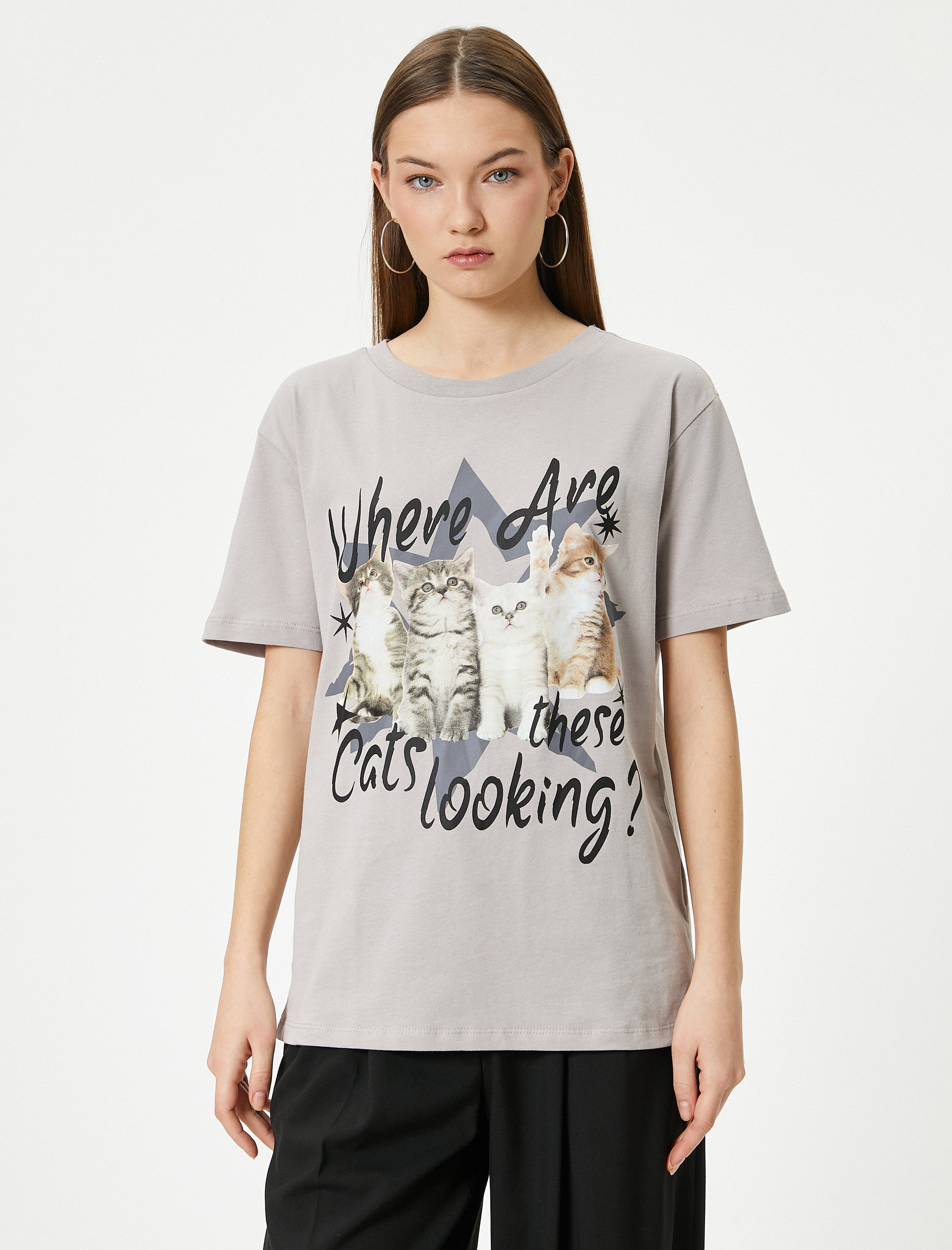   Kedi Baskılı Tişört Rahat Kalıp Pamuklu