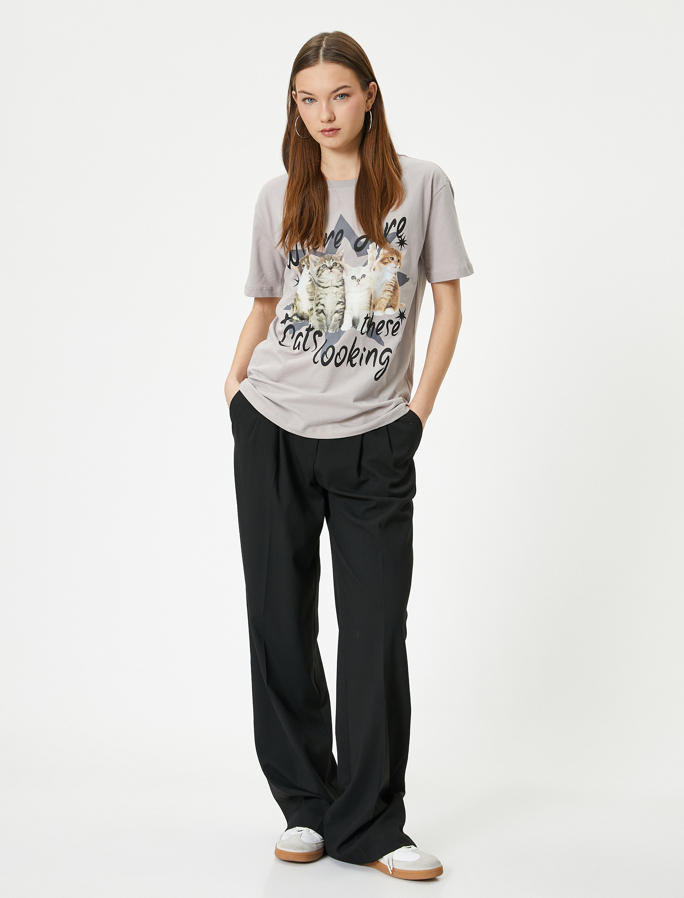   Kedi Baskılı Tişört Rahat Kalıp Pamuklu