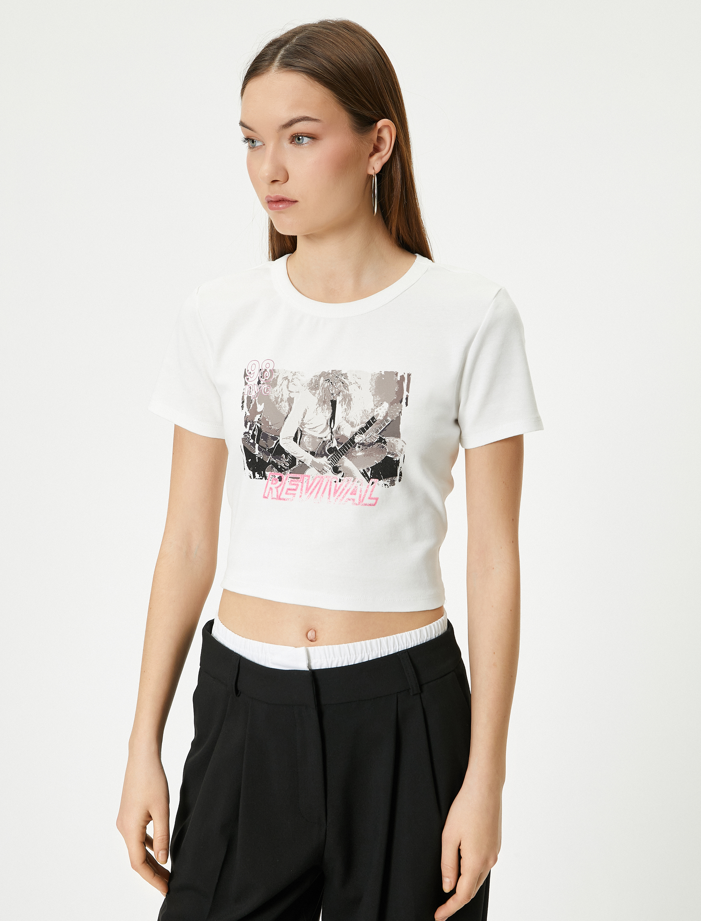   Baskılı Crop Tişört Kısa Kollu Bisiklet Yaka Pamuklu