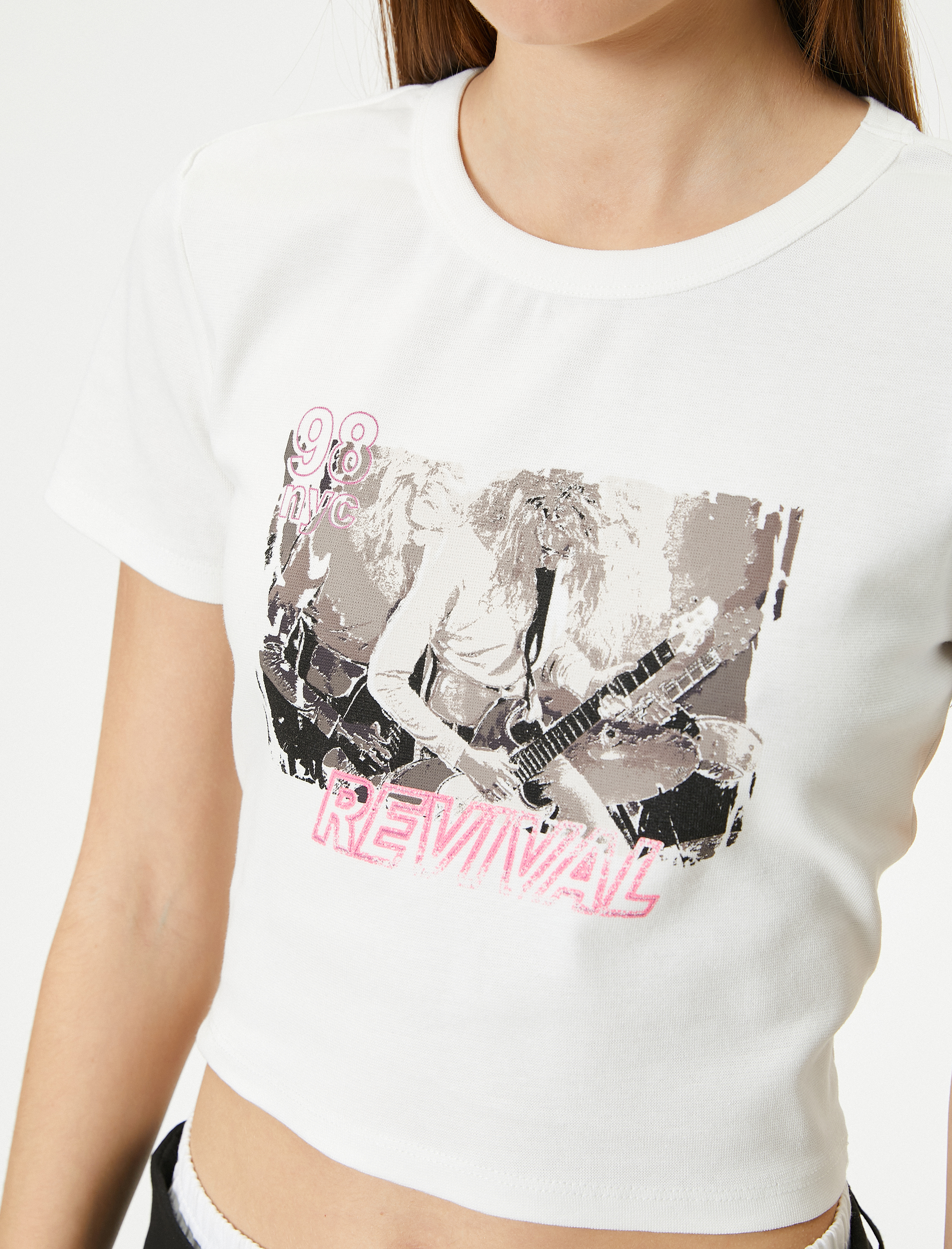   Baskılı Crop Tişört Kısa Kollu Bisiklet Yaka Pamuklu