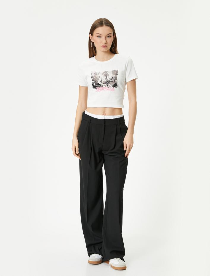  Baskılı Crop Tişört Kısa Kollu Bisiklet Yaka Pamuklu