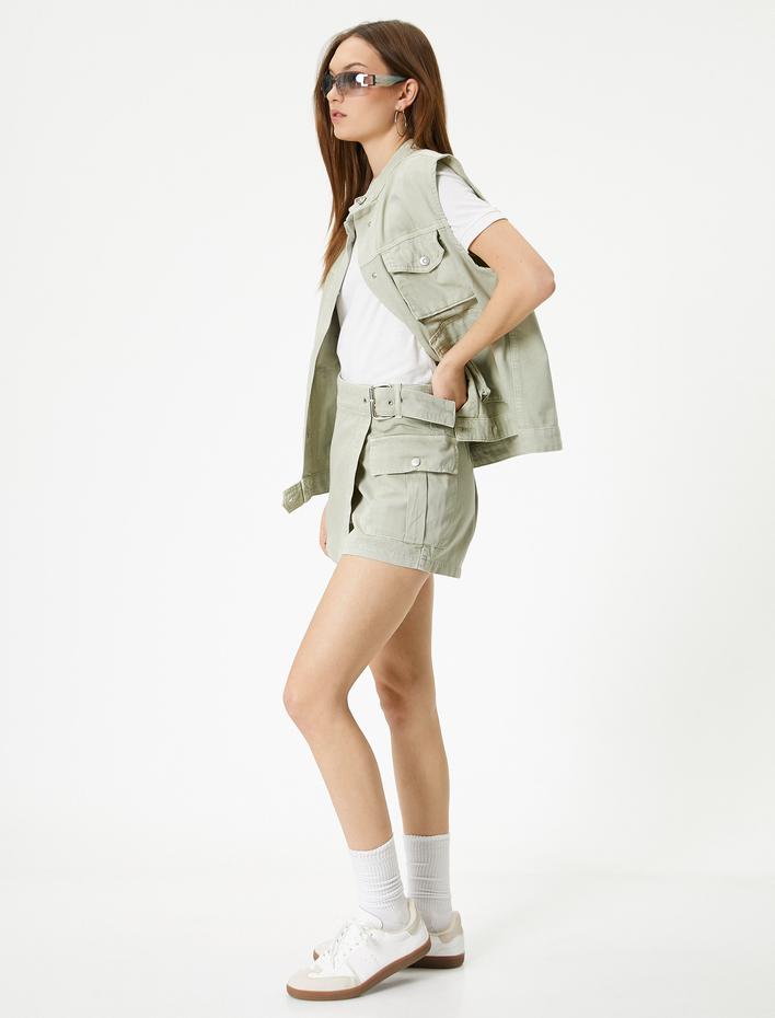  Mini Şort Etek Kemerli Rahat Kesim Cep Detaylı