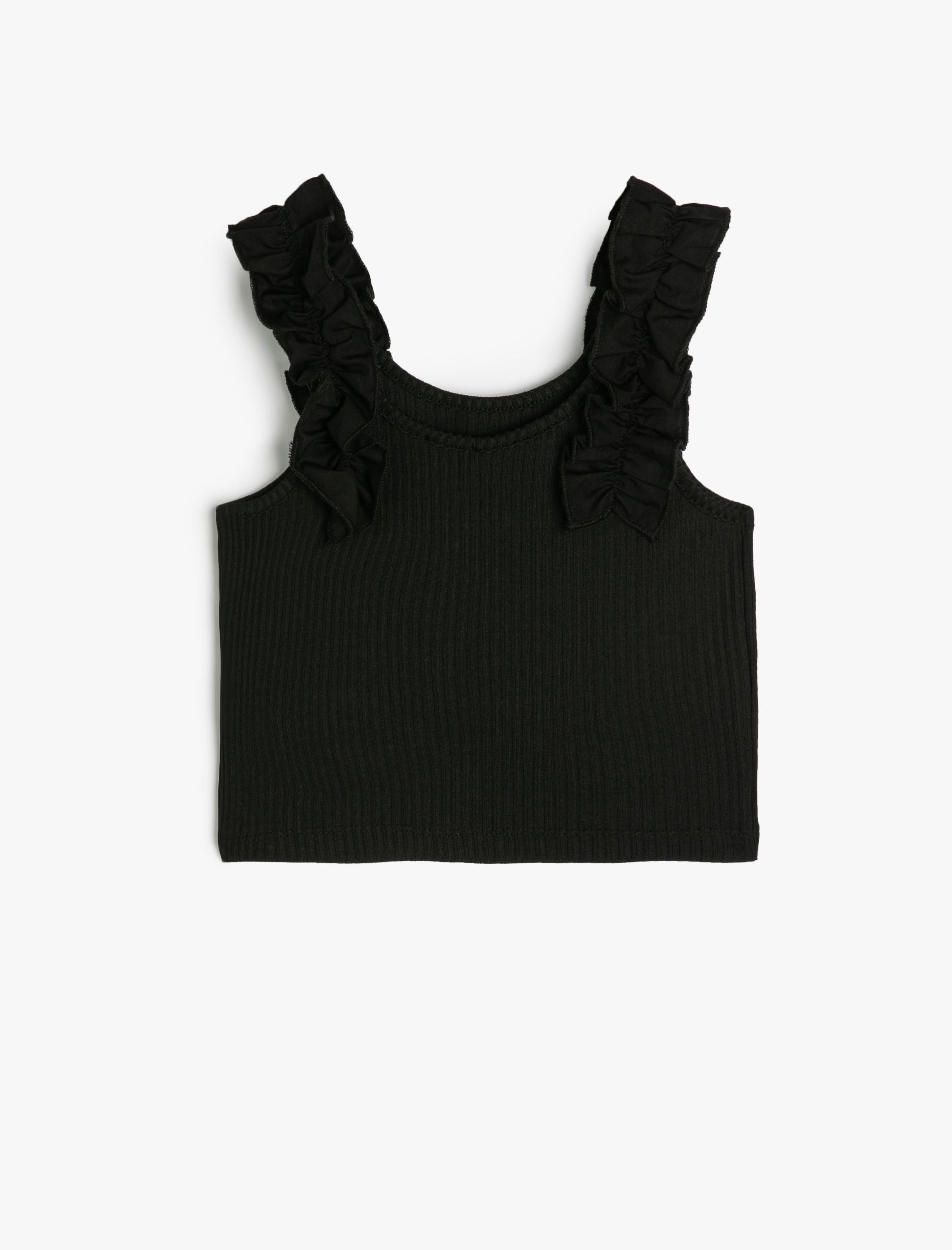  Kız Çocuk Atlet Askılı Fırfır Aplikeli Dokulu Yuvarlak Yaka