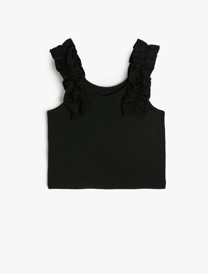 Kız Çocuk Atlet Askılı Fırfır Aplikeli Dokulu Yuvarlak Yaka