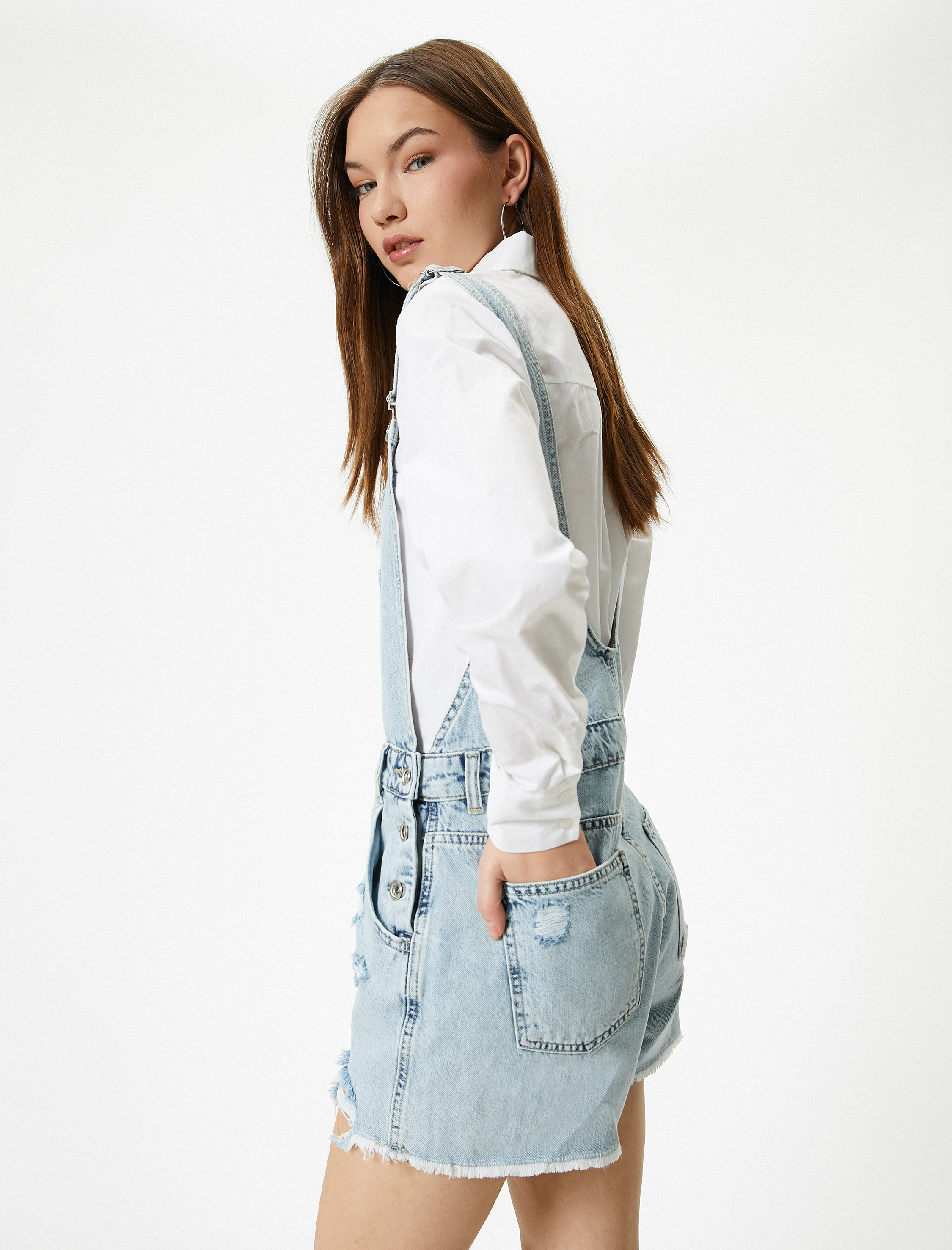   Kot Salopet Ekstra Mini Boy Paçaları Püsküllü Cepli Yıpratmalı Rahat Kalıp