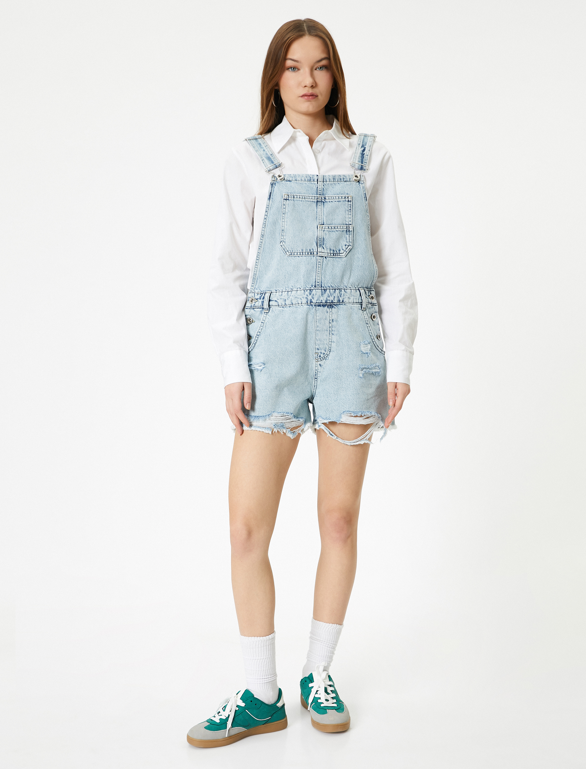   Kot Salopet Ekstra Mini Boy Paçaları Püsküllü Cepli Yıpratmalı Rahat Kalıp