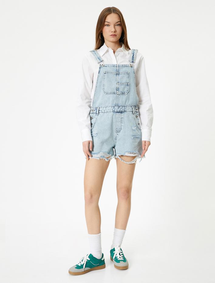  Kot Salopet Ekstra Mini Boy Paçaları Püsküllü Cepli Yıpratmalı Rahat Kalıp