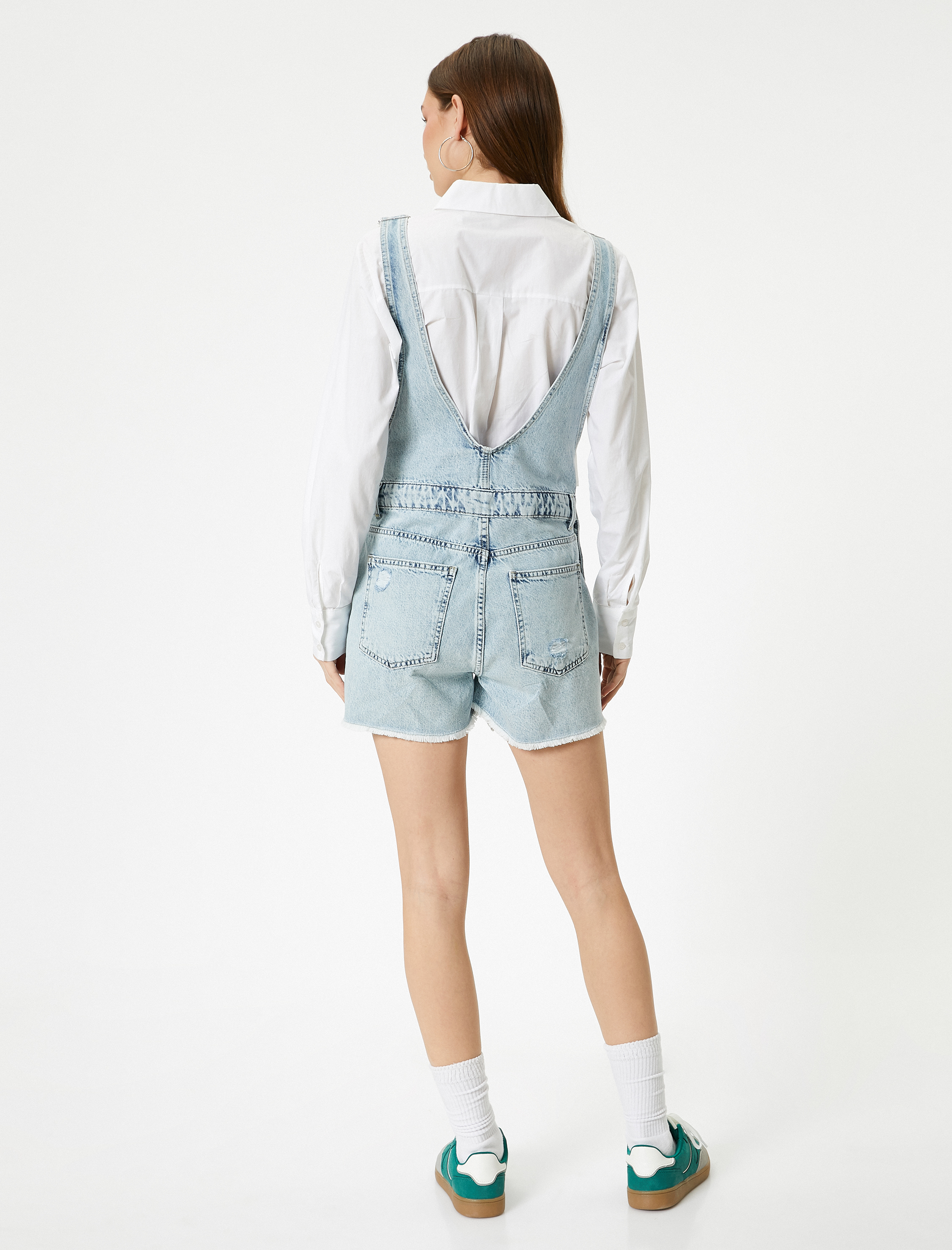   Kot Salopet Ekstra Mini Boy Paçaları Püsküllü Cepli Yıpratmalı Rahat Kalıp