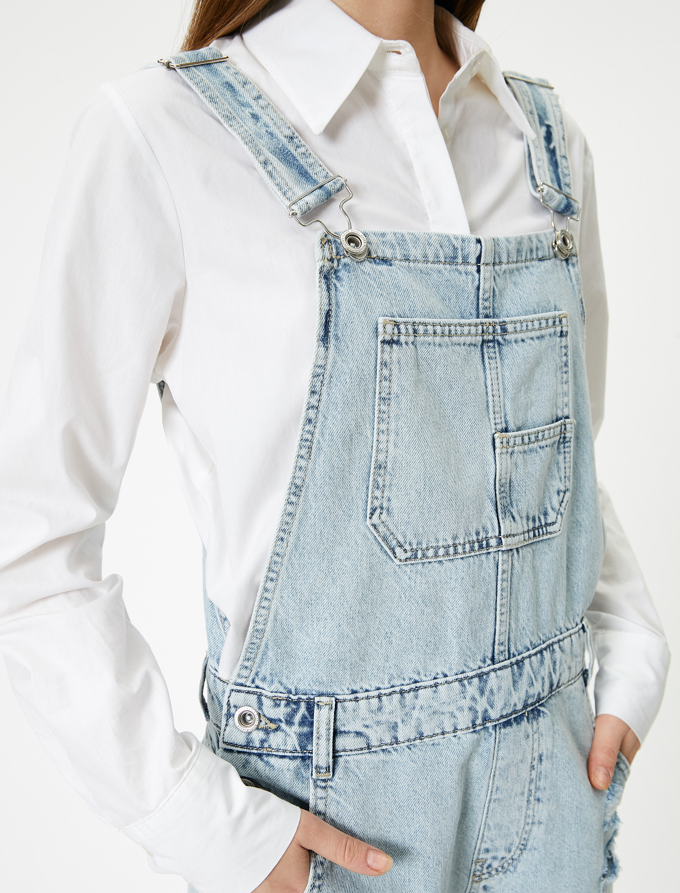   Kot Salopet Ekstra Mini Boy Paçaları Püsküllü Cepli Yıpratmalı Rahat Kalıp