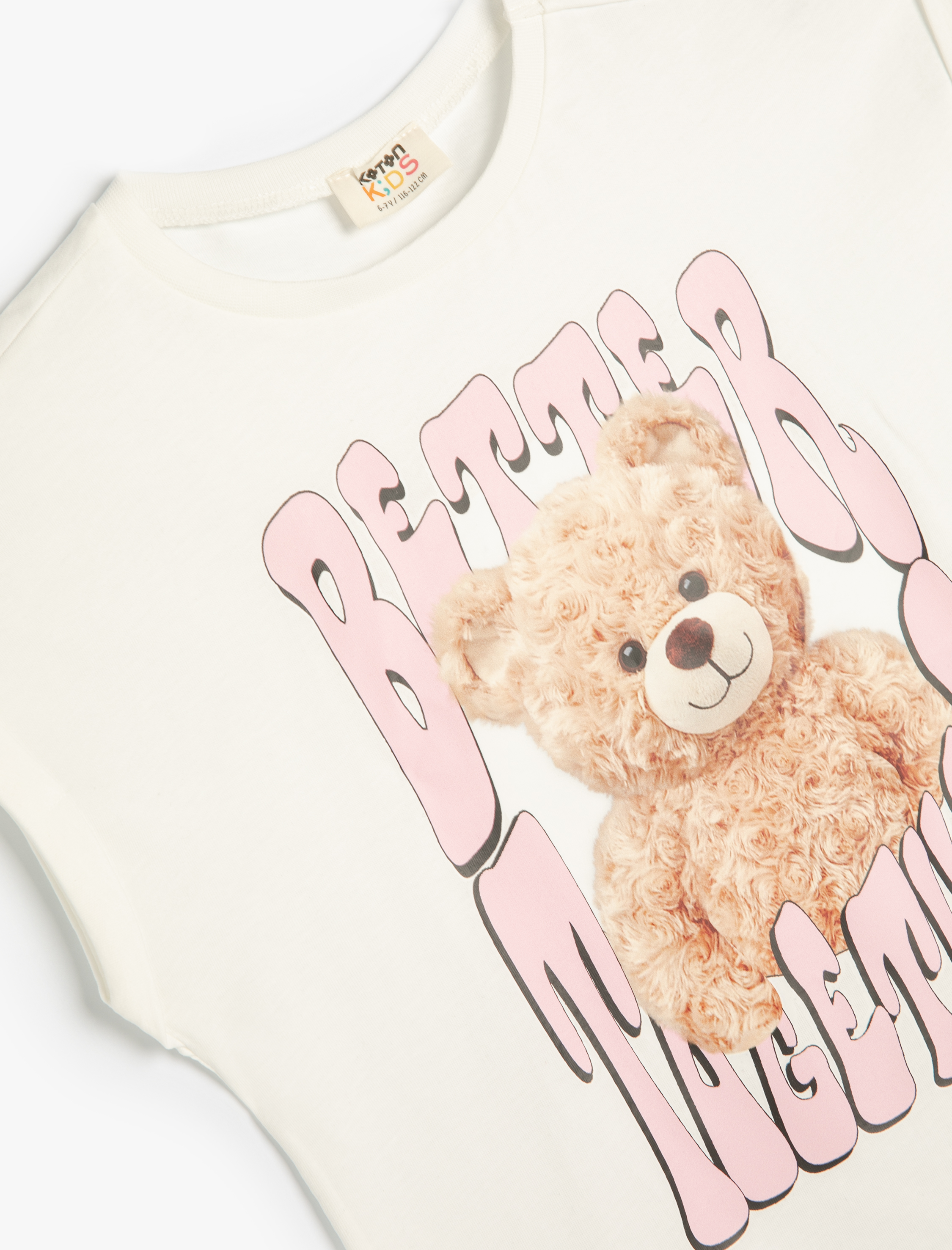  Kız Çocuk Tişört Kısa Kollu Bisiklet Yaka Ayıcık Baskılı Pamuklu