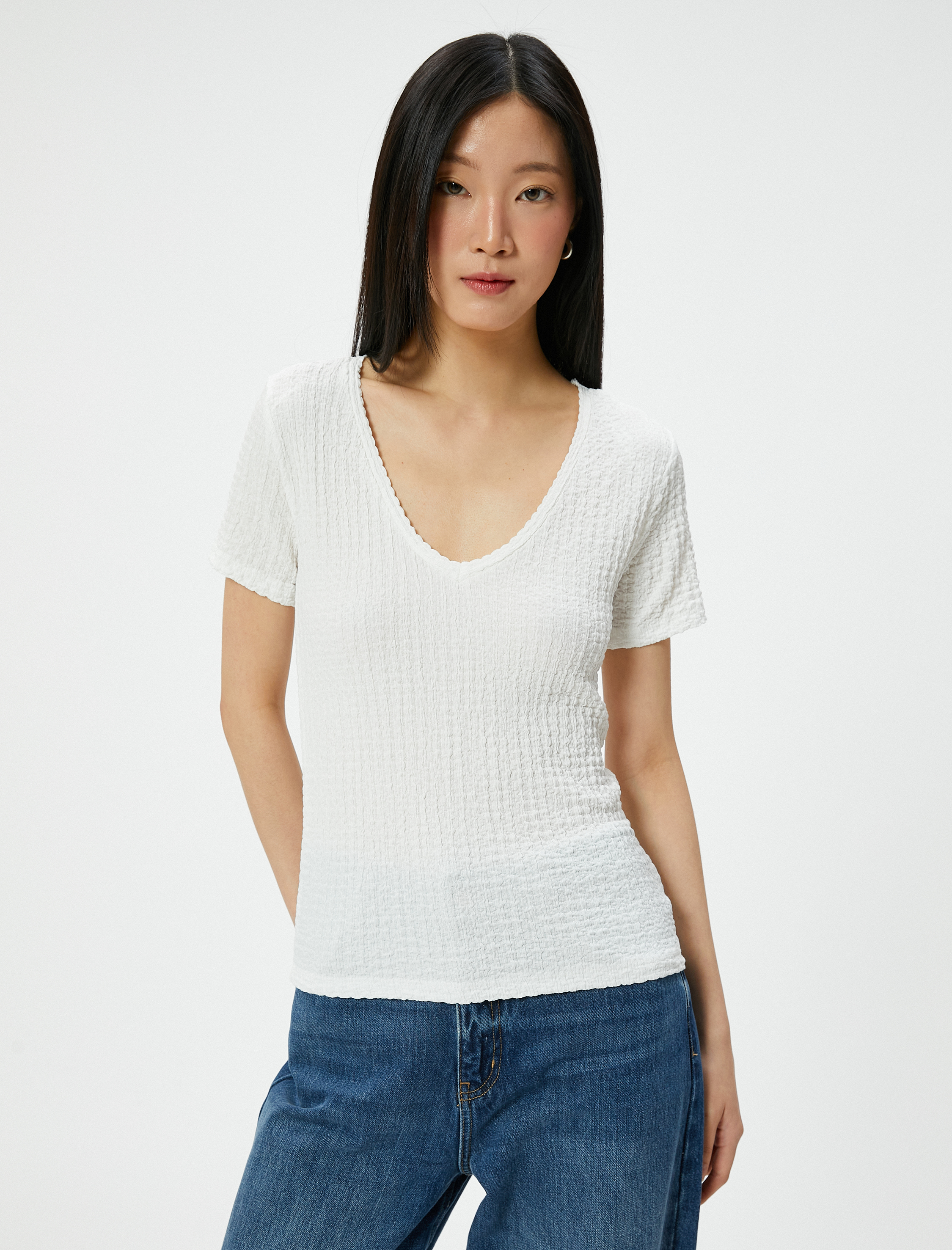   Kısa Kollu Tişört V Yaka Bürümcük