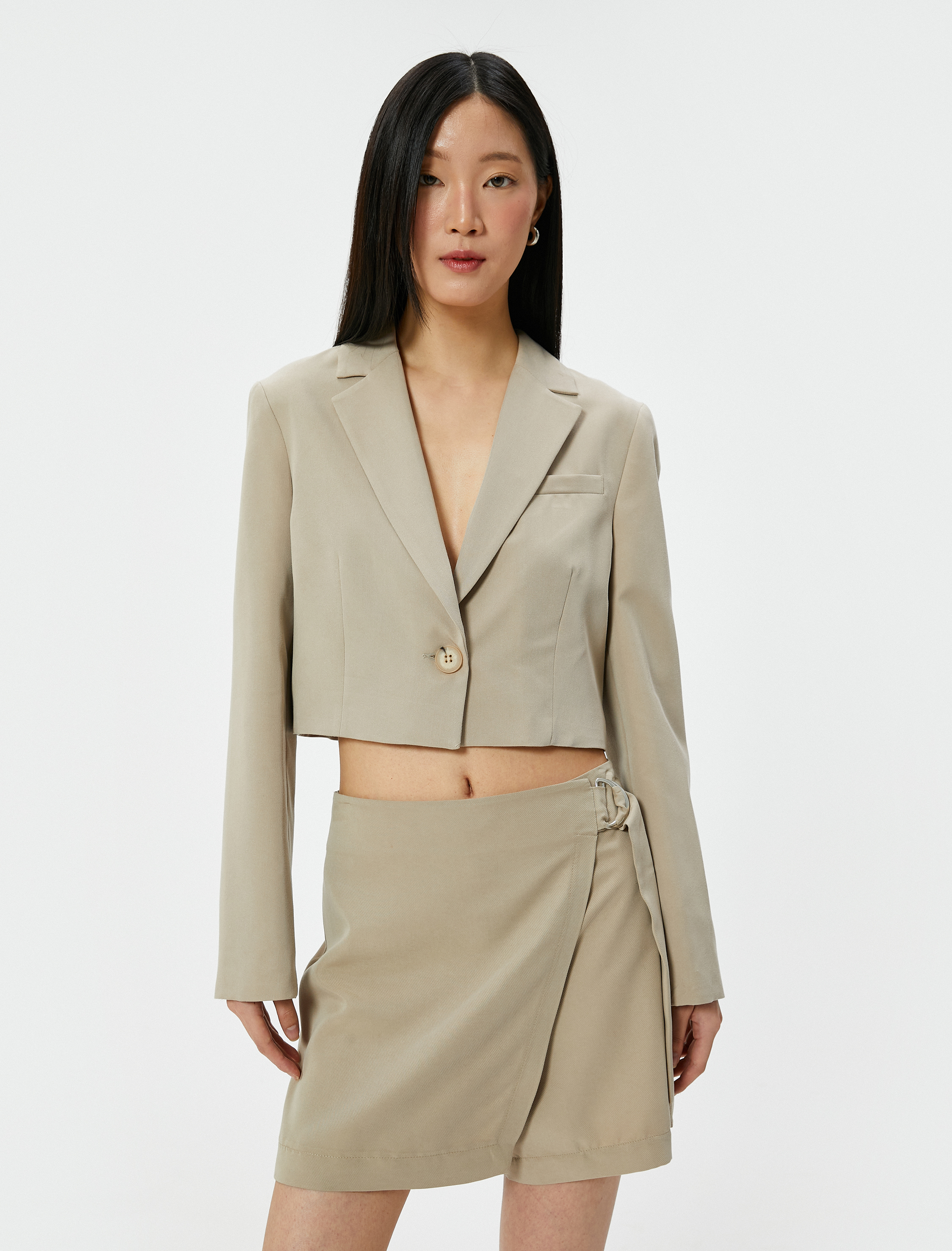   Crop Blazer Ceket Düğmeli Dikiş Detaylı Cepli Modal Karışımlı