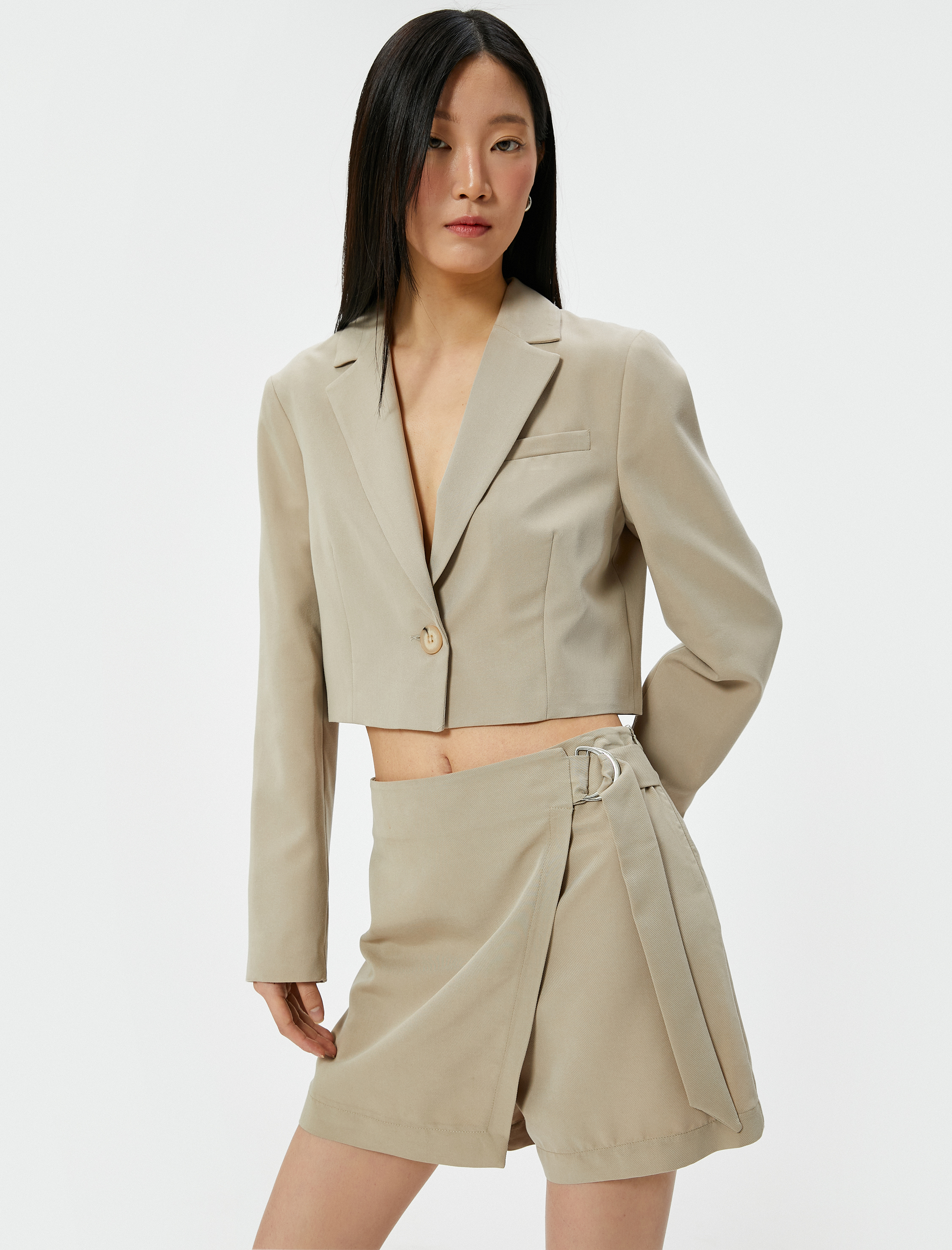   Crop Blazer Ceket Düğmeli Dikiş Detaylı Cepli Modal Karışımlı