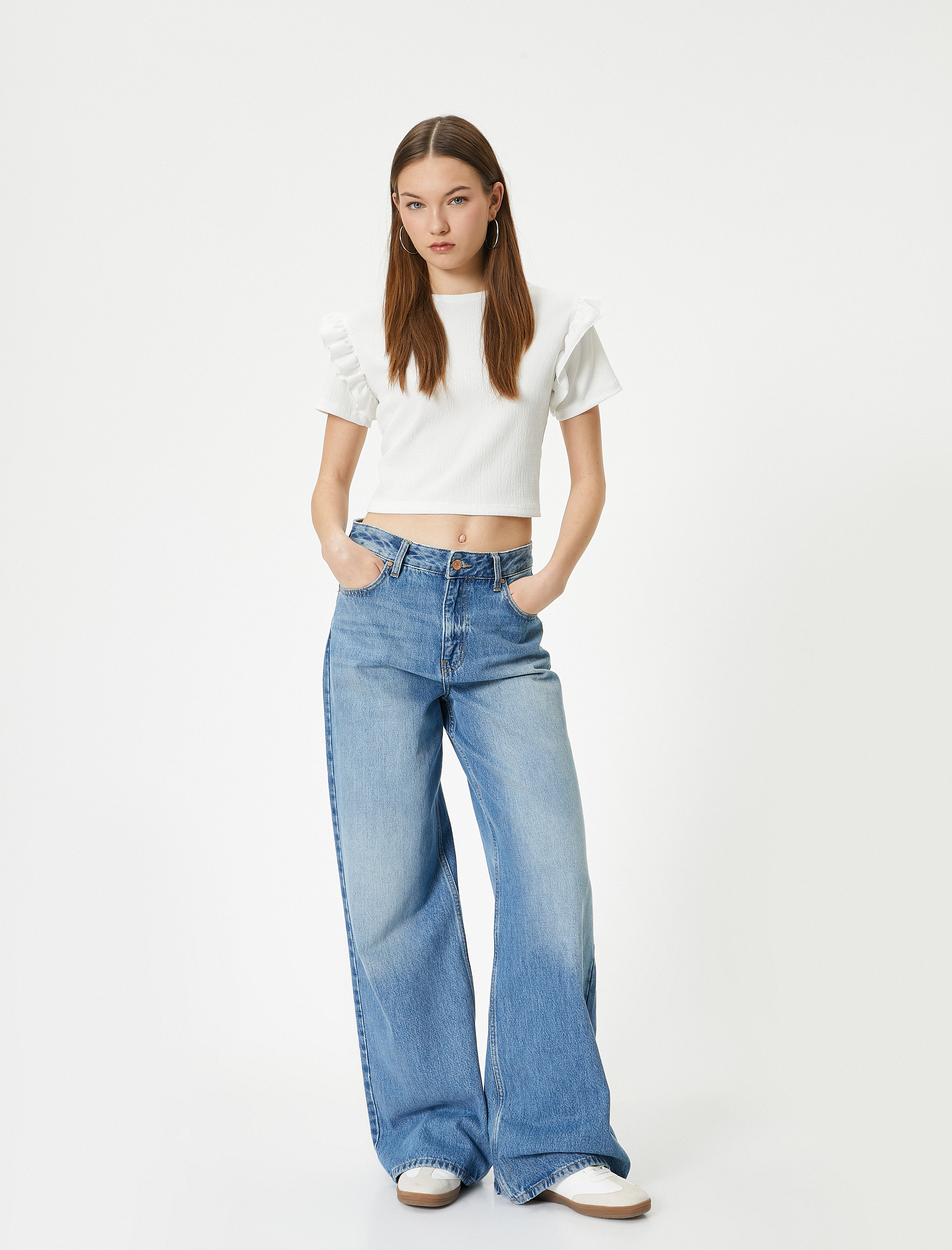   Fırfırlı Tişört Kısa Kollu Bisiklet Yaka Dokulu Bürümcük