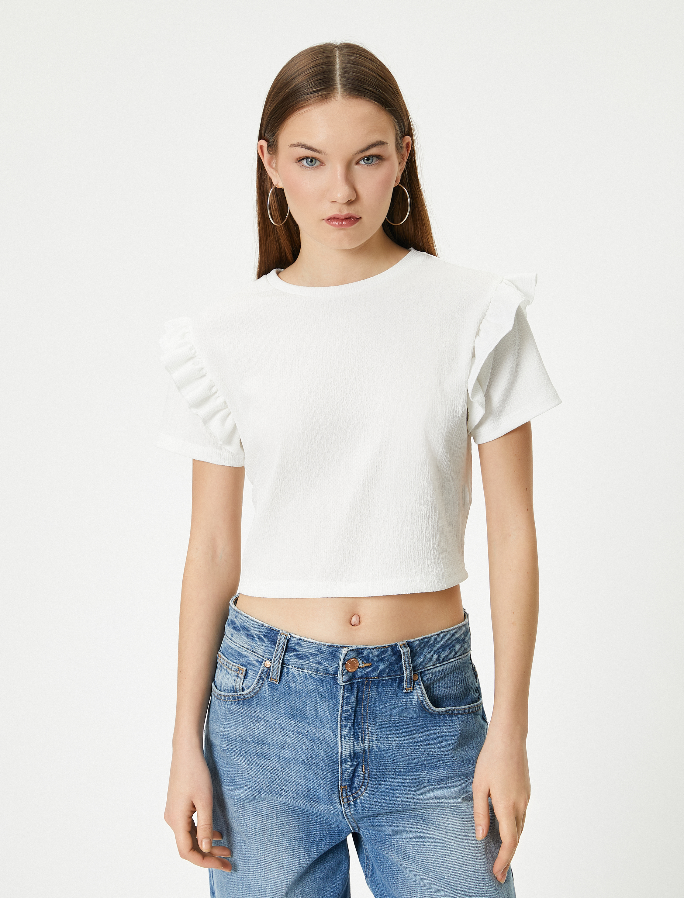   Fırfırlı Tişört Kısa Kollu Bisiklet Yaka Dokulu Bürümcük