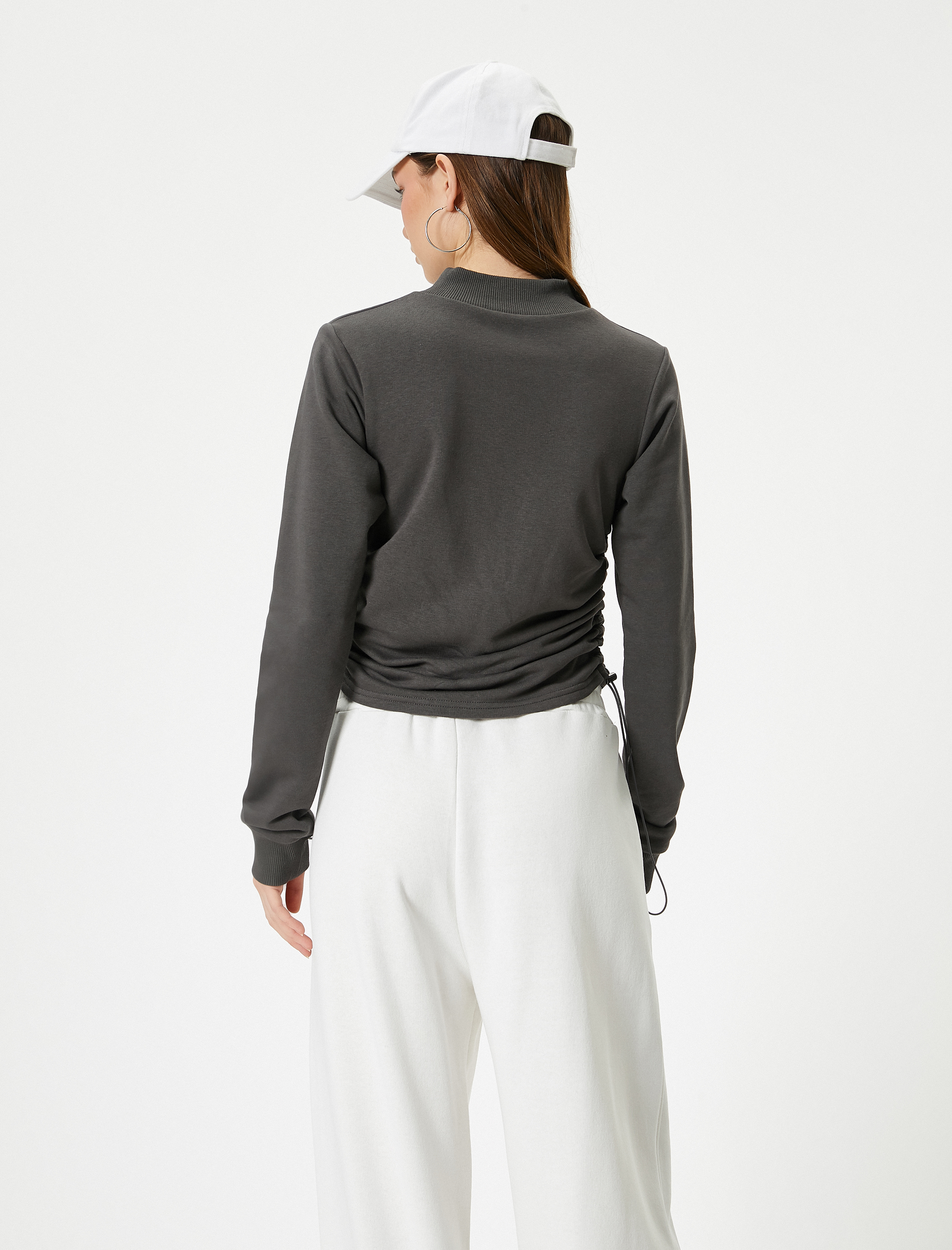   Fermuarlı Drapeli Sweatshirt Dik Yaka Uzun Kollu