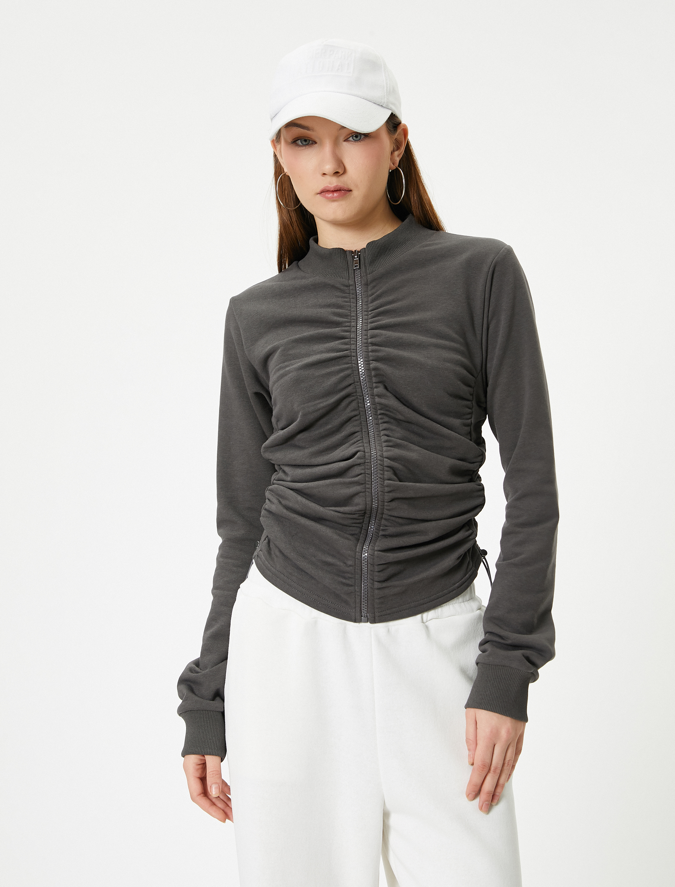   Fermuarlı Drapeli Sweatshirt Dik Yaka Uzun Kollu