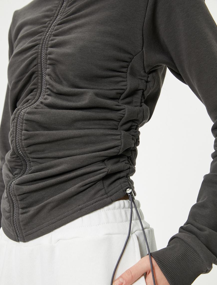   Fermuarlı Drapeli Sweatshirt Dik Yaka Uzun Kollu