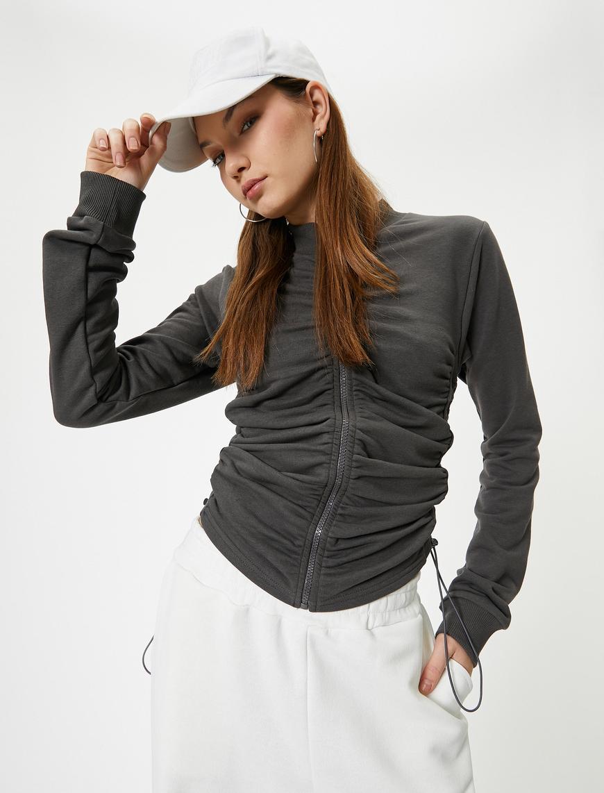   Fermuarlı Drapeli Sweatshirt Dik Yaka Uzun Kollu