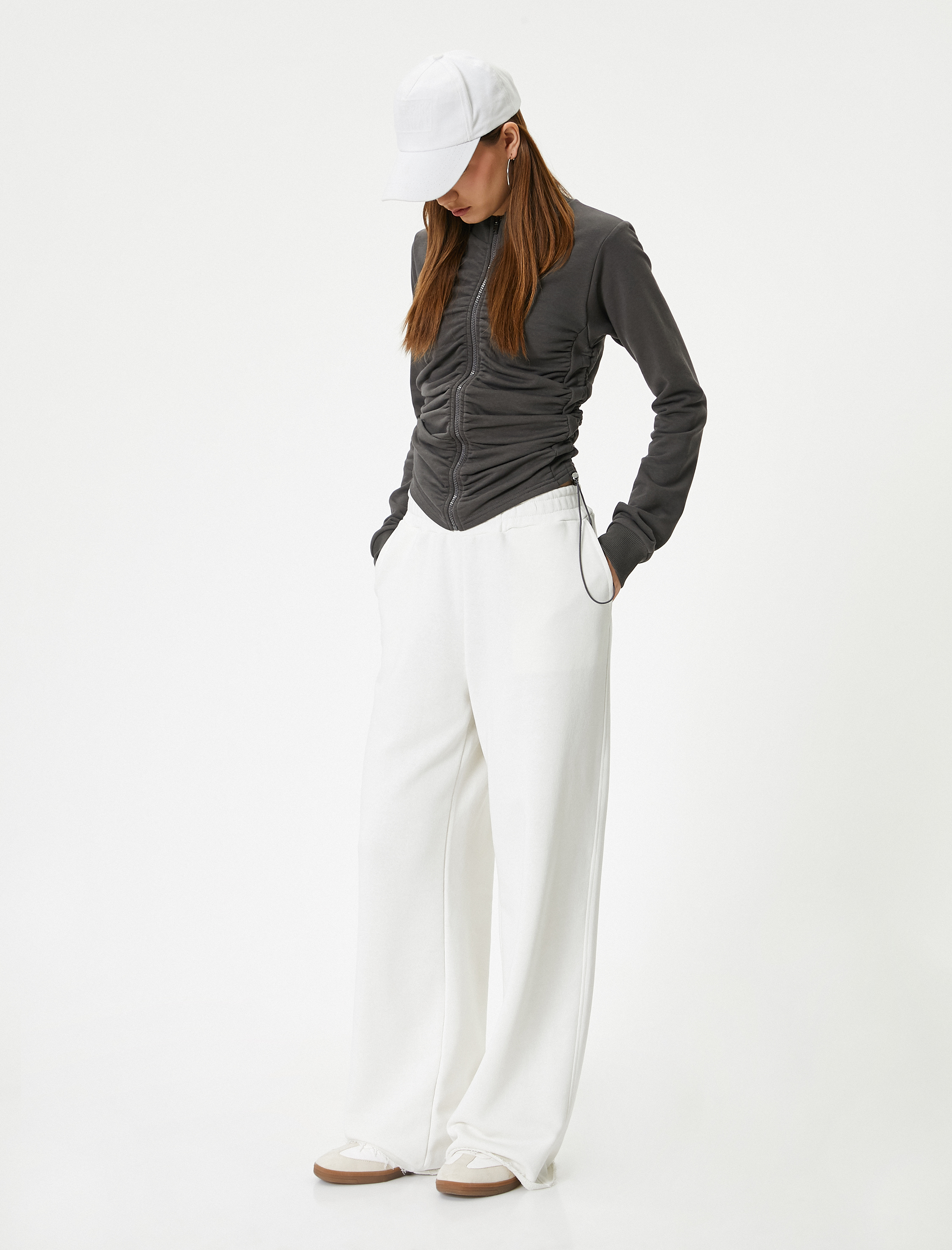   Fermuarlı Drapeli Sweatshirt Dik Yaka Uzun Kollu