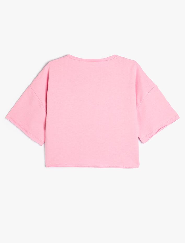 Kız Çocuk Crop Oversize Tişört Baskılı Kısa Kollu Bisiklet Yaka Pamuklu