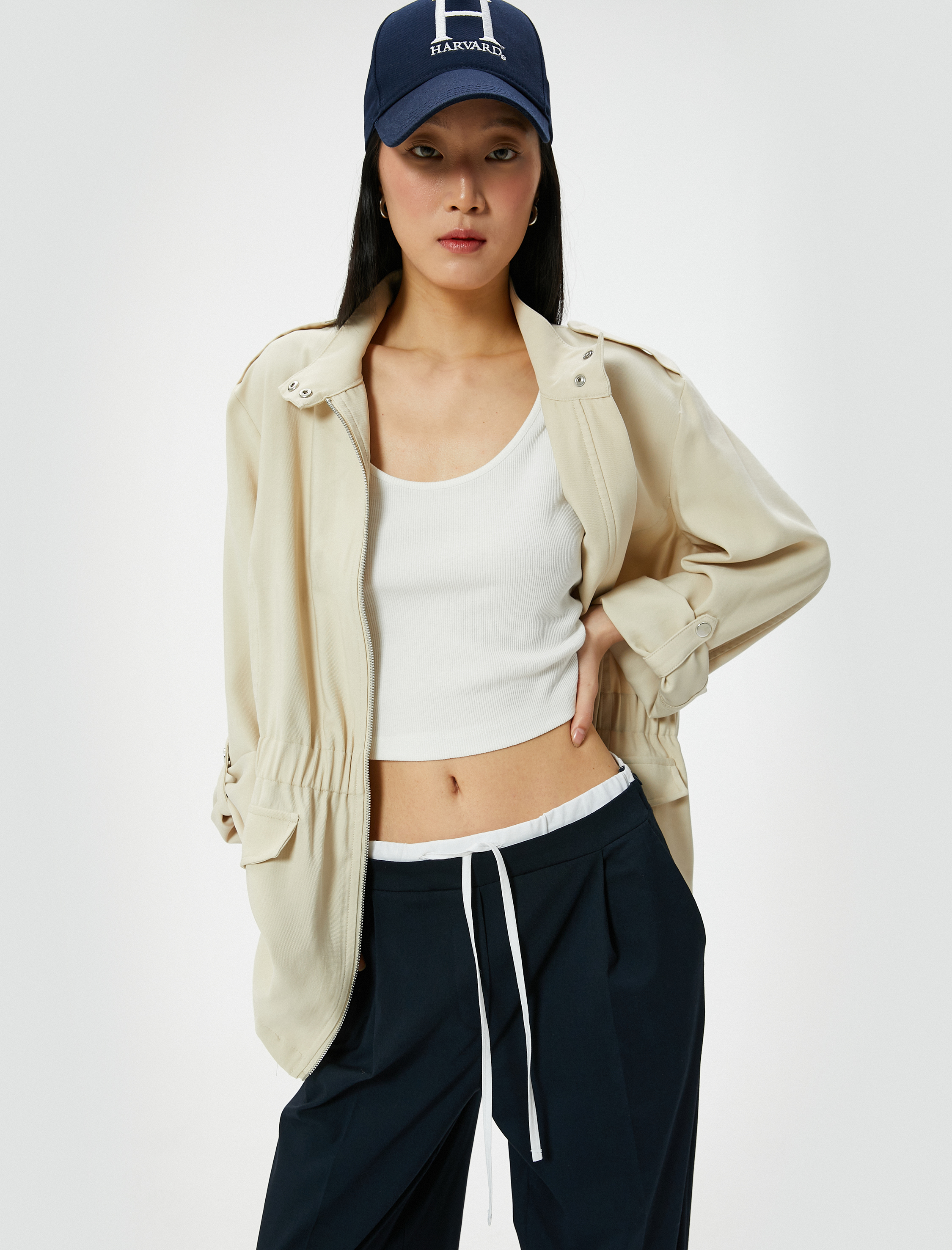 Fermuarlı Trençkot Beli Lastikli Kapaklı Cepli Dik Yaka