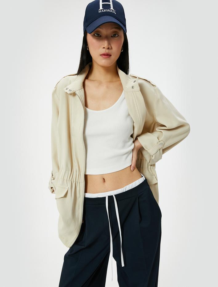  Fermuarlı Trençkot Beli Lastikli Kapaklı Cepli Dik Yaka