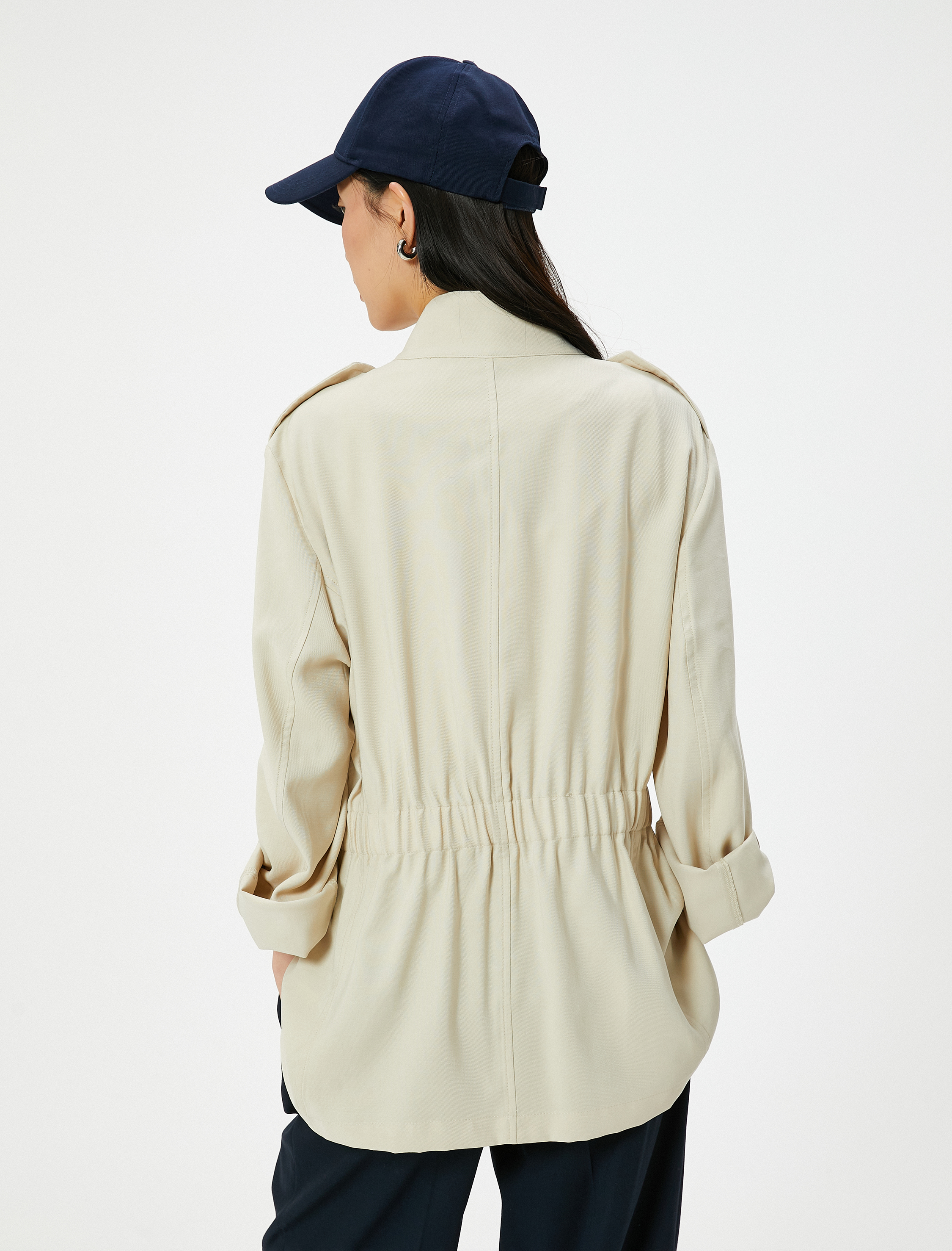 Fermuarlı Trençkot Beli Lastikli Kapaklı Cepli Dik Yaka