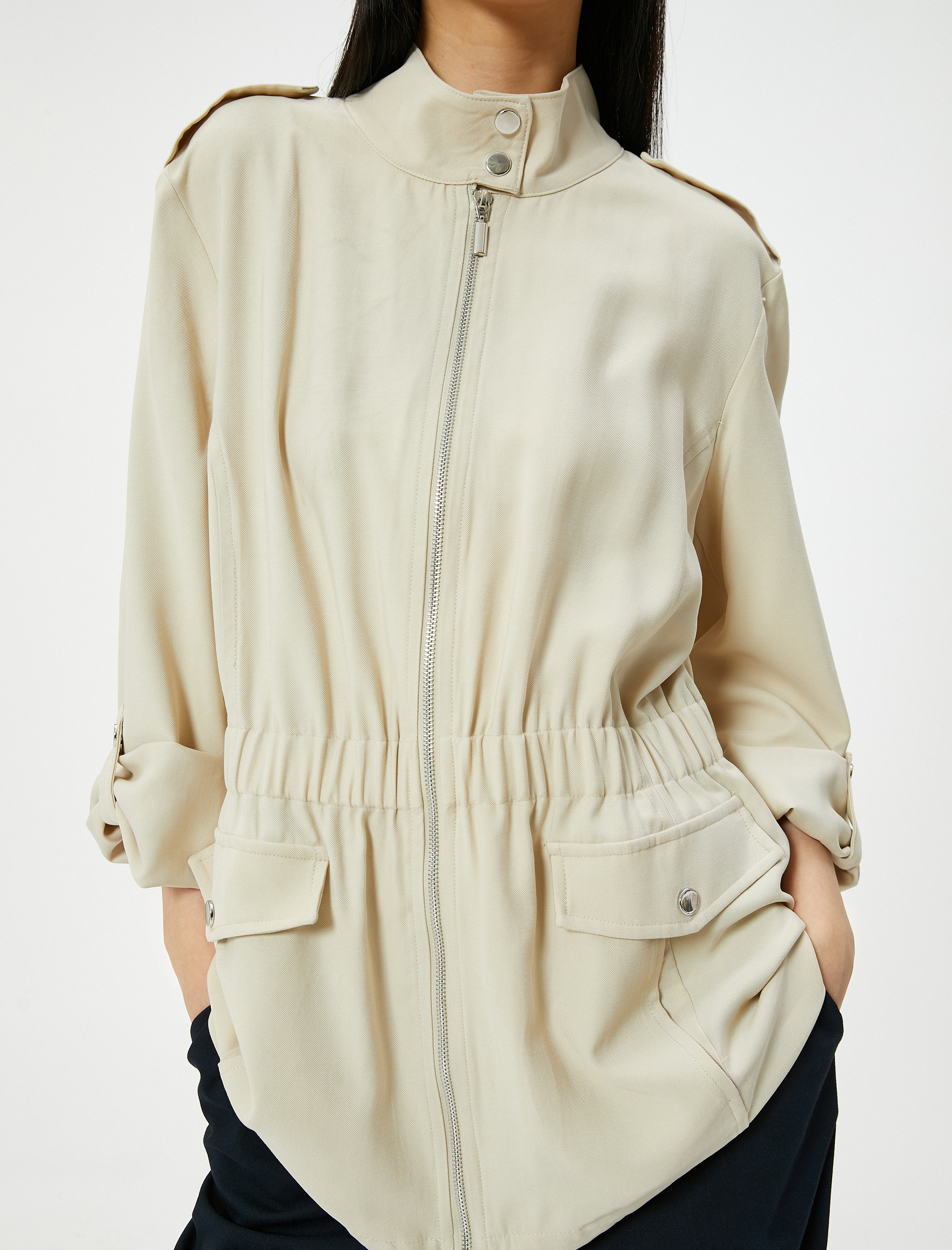 Fermuarlı Trençkot Beli Lastikli Kapaklı Cepli Dik Yaka