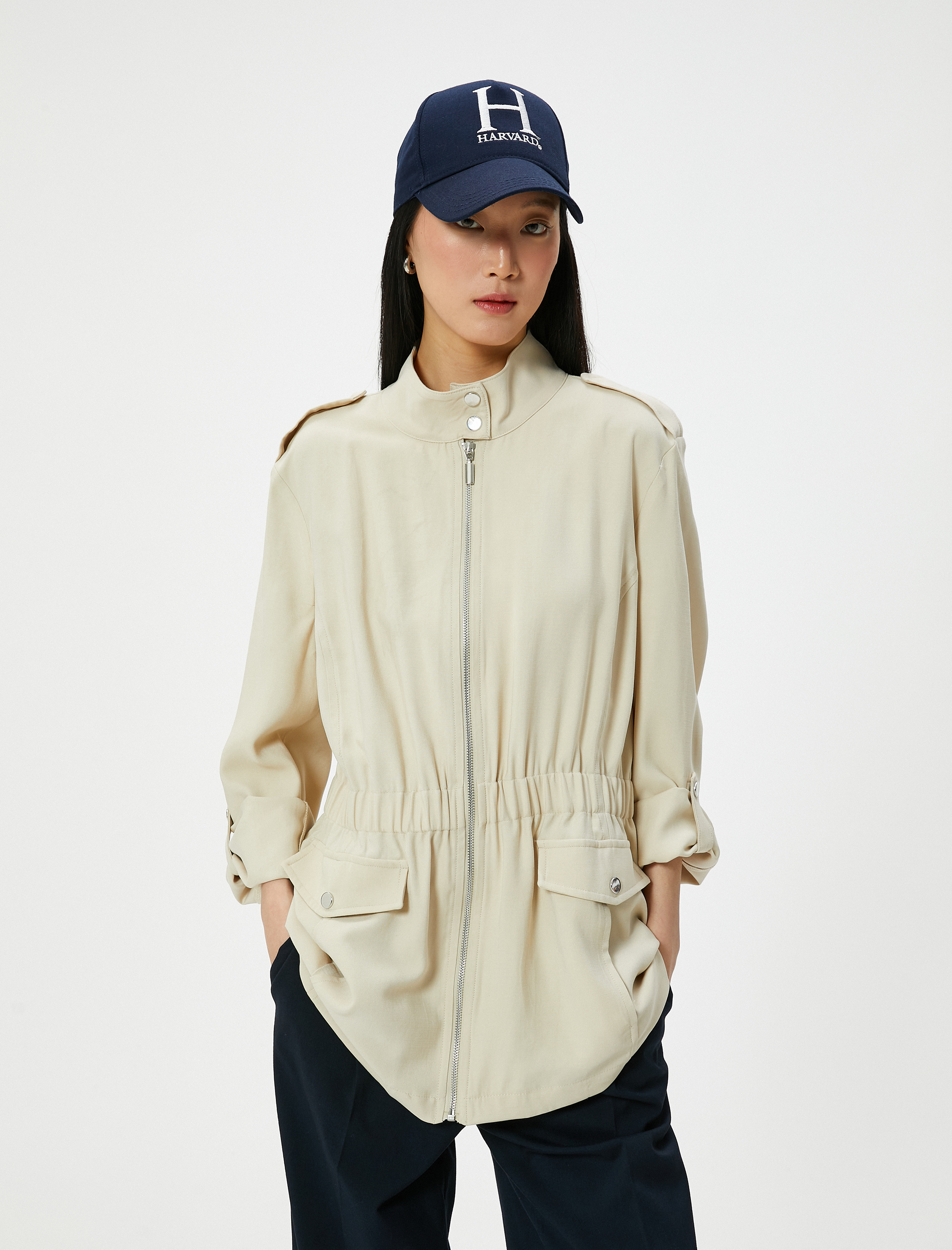 Fermuarlı Trençkot Beli Lastikli Kapaklı Cepli Dik Yaka