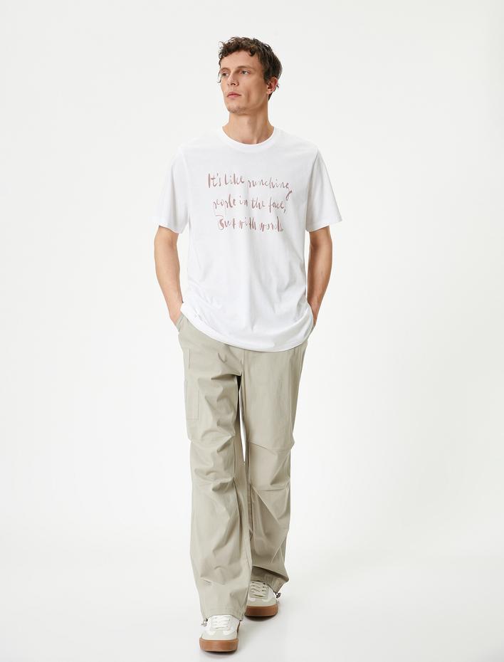  Slogan Baskılı Tişört Bisiklet Yaka Kısa Kollu Pamuklu