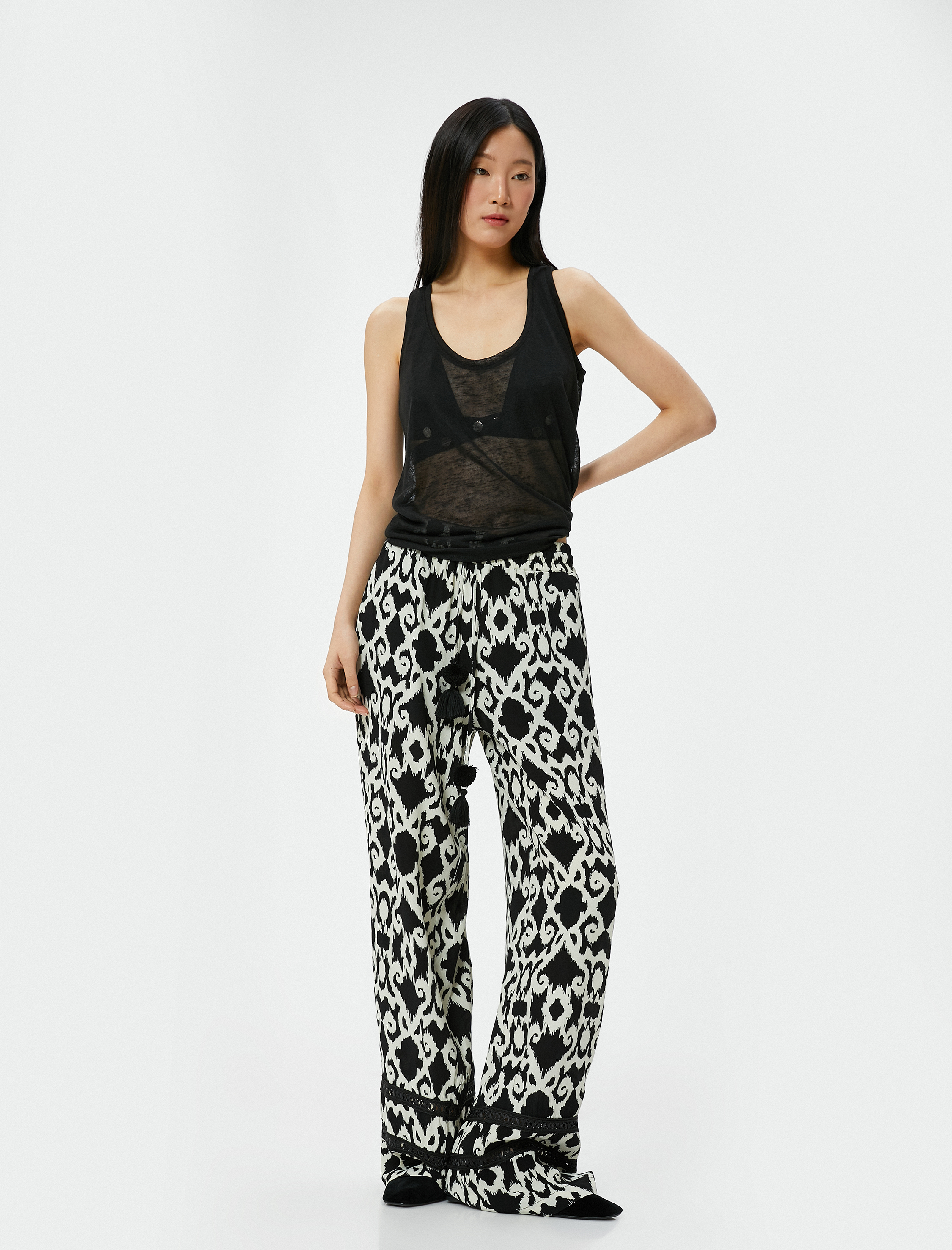   Bol Paça Pantolon Normal Bel Lastikli Cepli Püsküllü