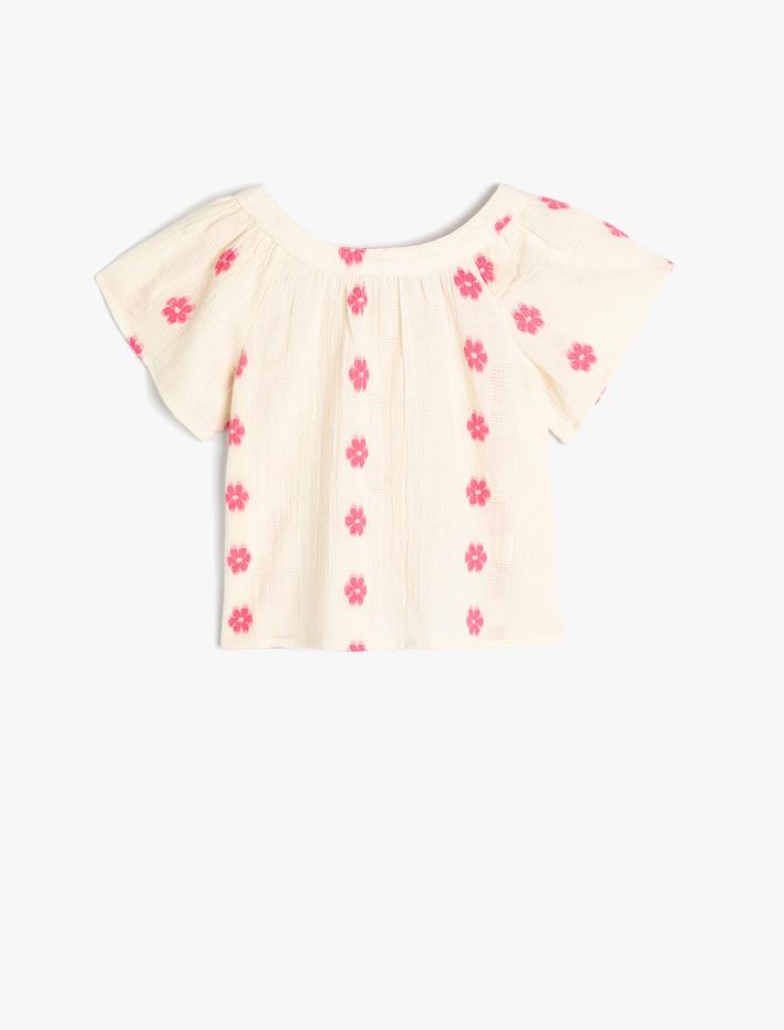 Kız Bebek Bluz Çiçekli Yuvarlak Yaka Kısa Kollu Pamuklu