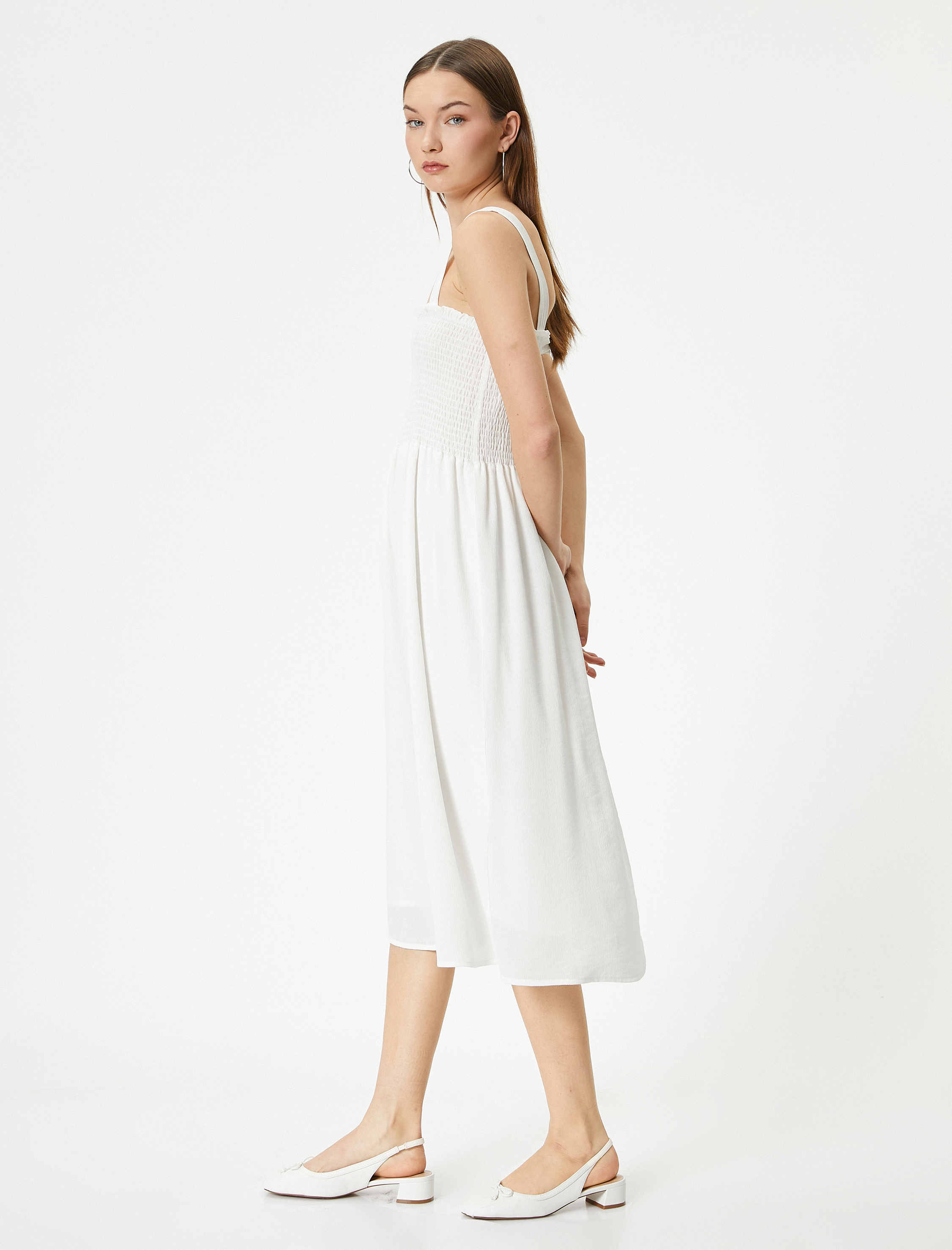 Askılı Midi Elbise Astarlı Gipe Detaylı Rahat Kalıp