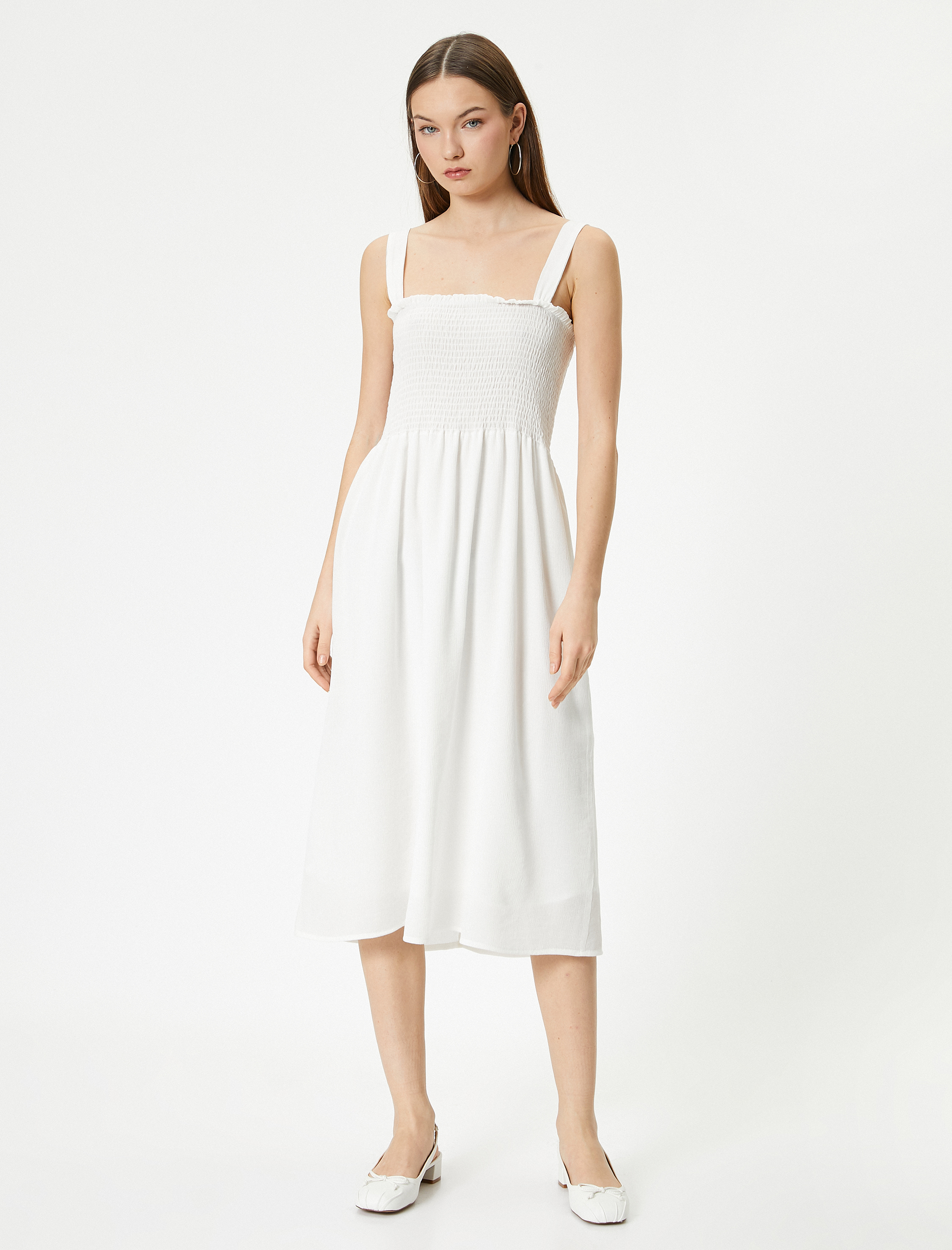 Askılı Midi Elbise Astarlı Gipe Detaylı Rahat Kalıp