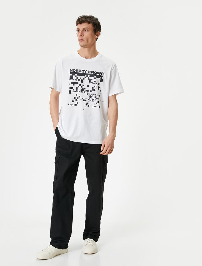  Slogan Baskılı Tişört Bisiklet Yaka Kısa Kollu Pamuklu