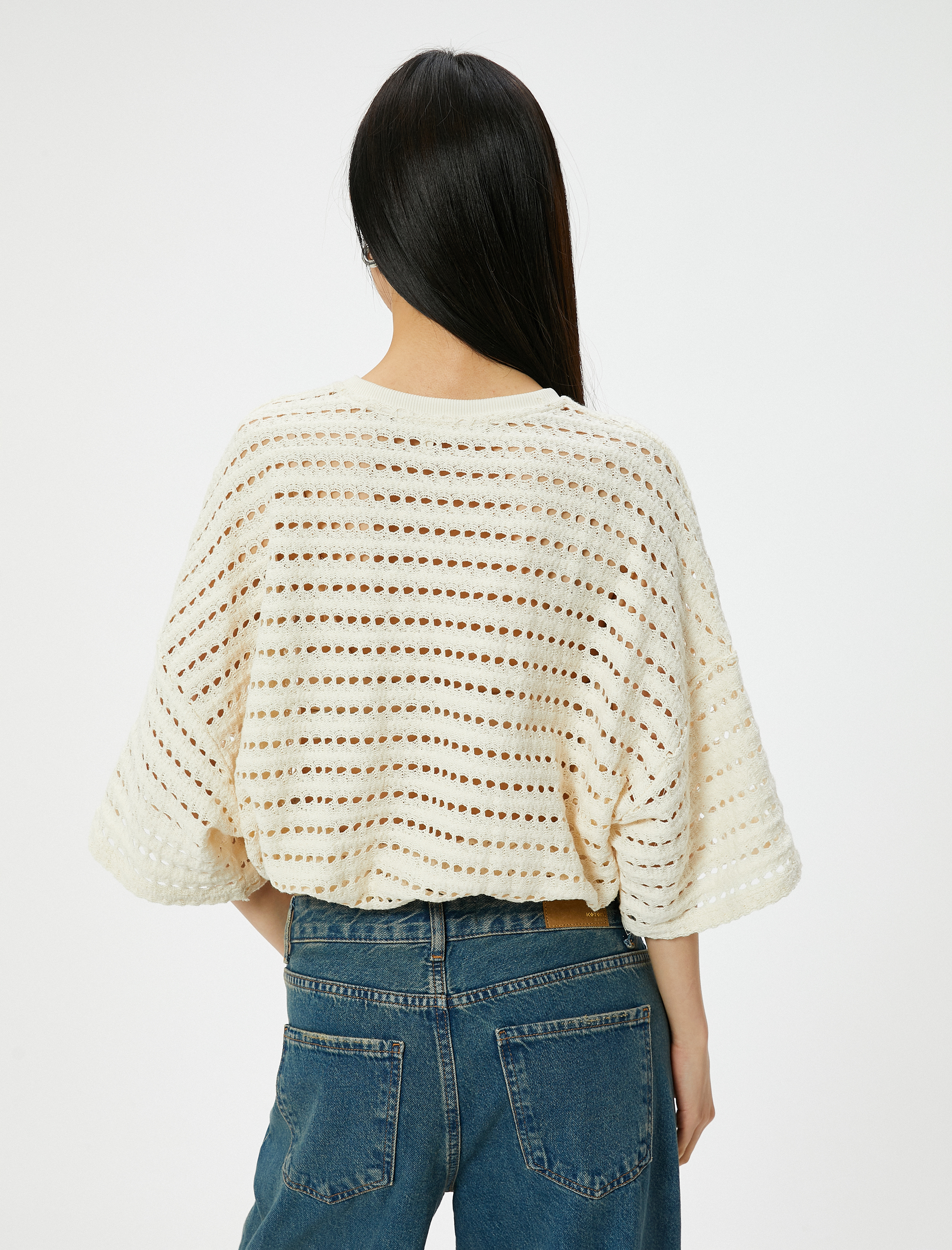   Ajurlu Kroşe Sweatshirt Yarım Kollu Bisiklet Yaka Beli Lastikli