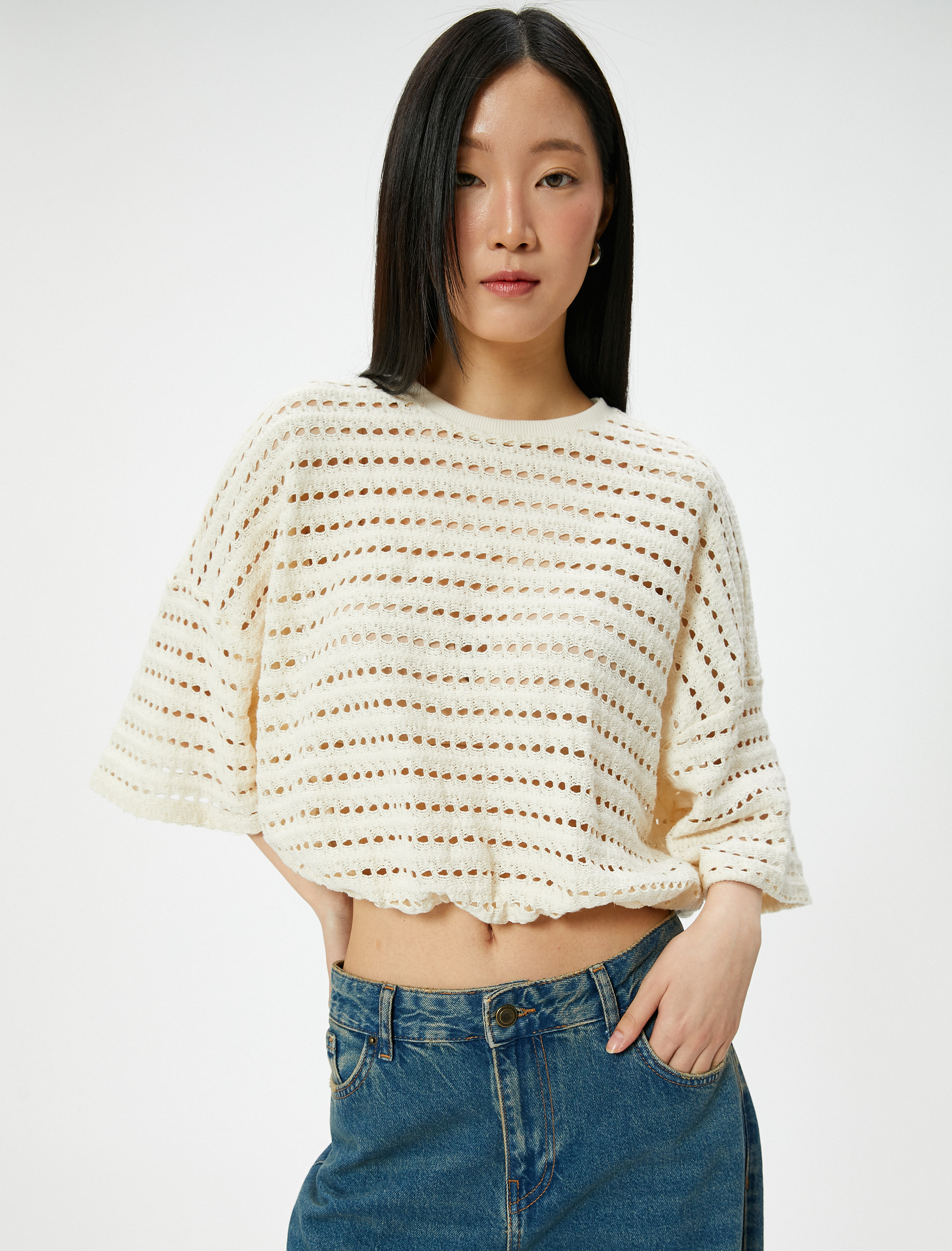   Ajurlu Kroşe Sweatshirt Yarım Kollu Bisiklet Yaka Beli Lastikli