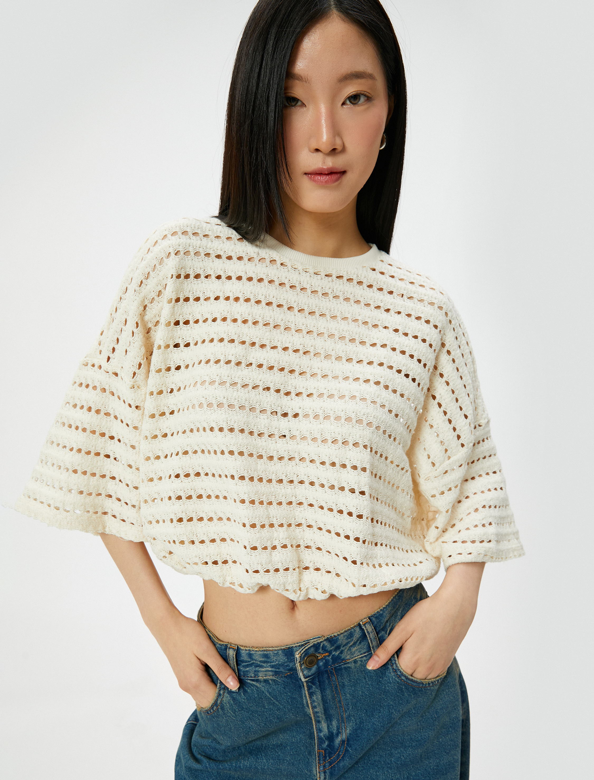   Ajurlu Kroşe Sweatshirt Yarım Kollu Bisiklet Yaka Beli Lastikli