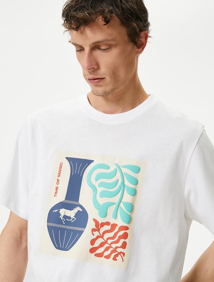  Kabartma Baskılı Tişört Sloganlı Bisiklet Yaka Pamuklu